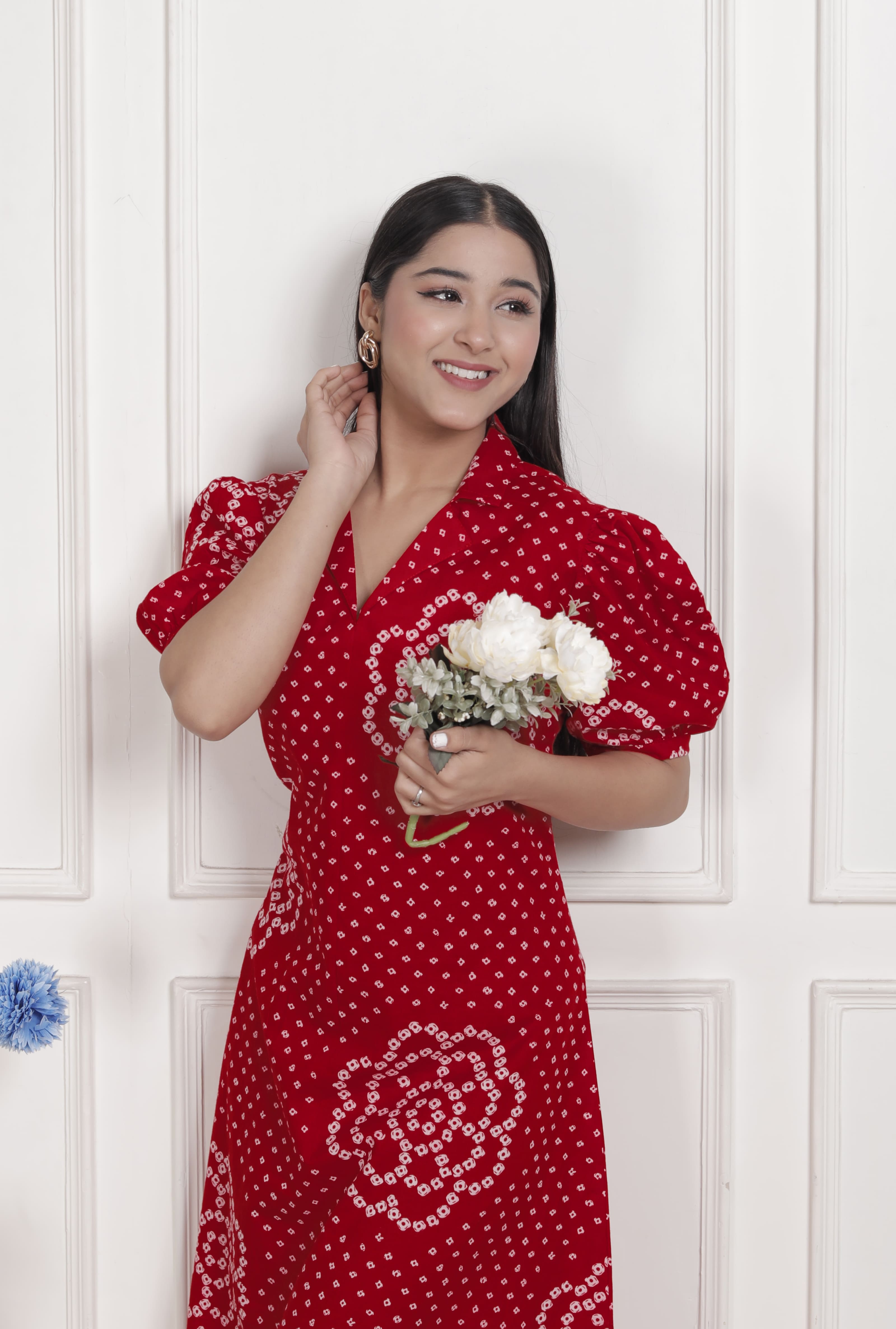 Red Bandhani Printed Cotton Maxi Dress with Collar Neck – Vacation Wear