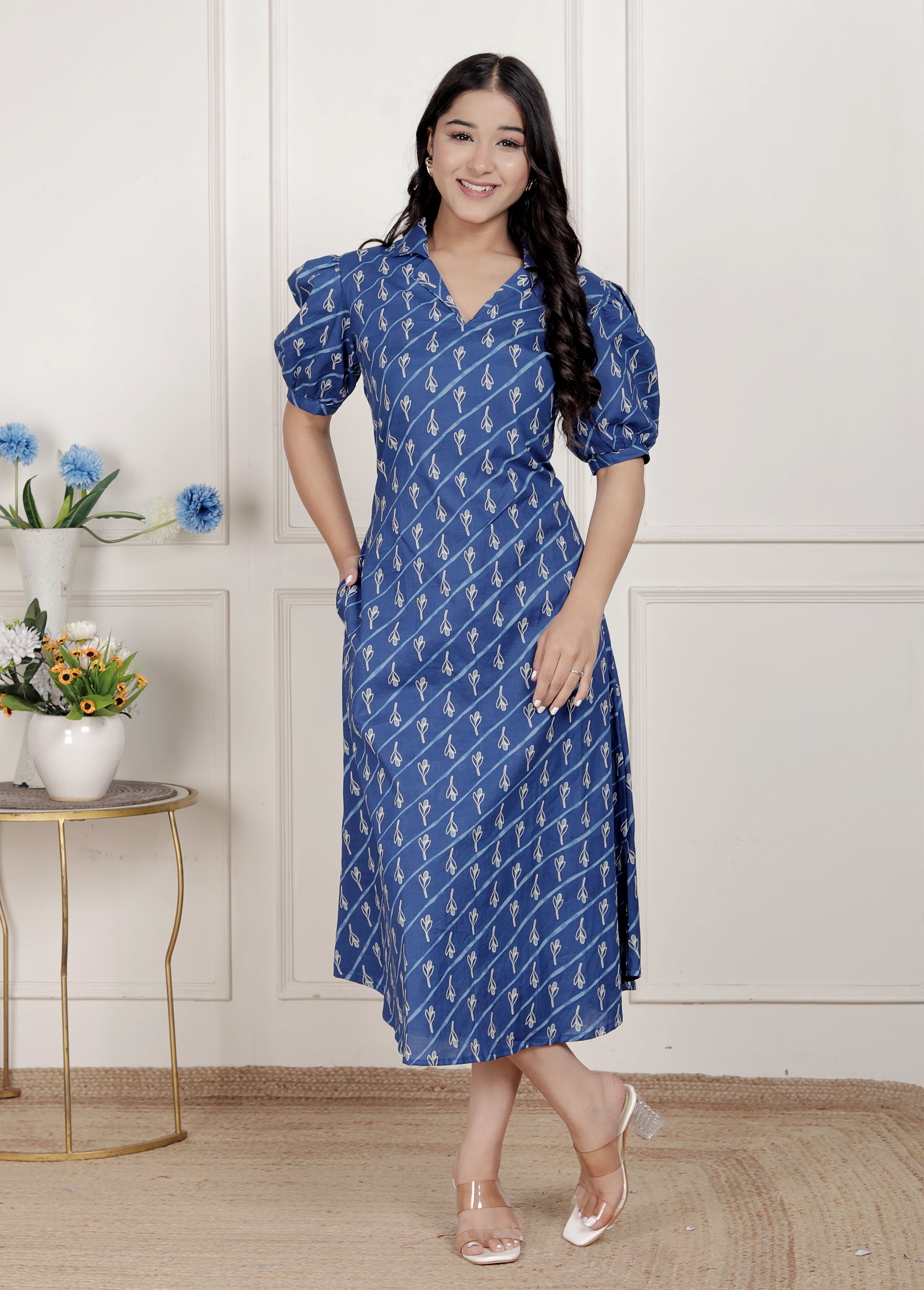 Womens Floral Print Collar-Neck Puff Sleeves A-Line Maxi Dress
