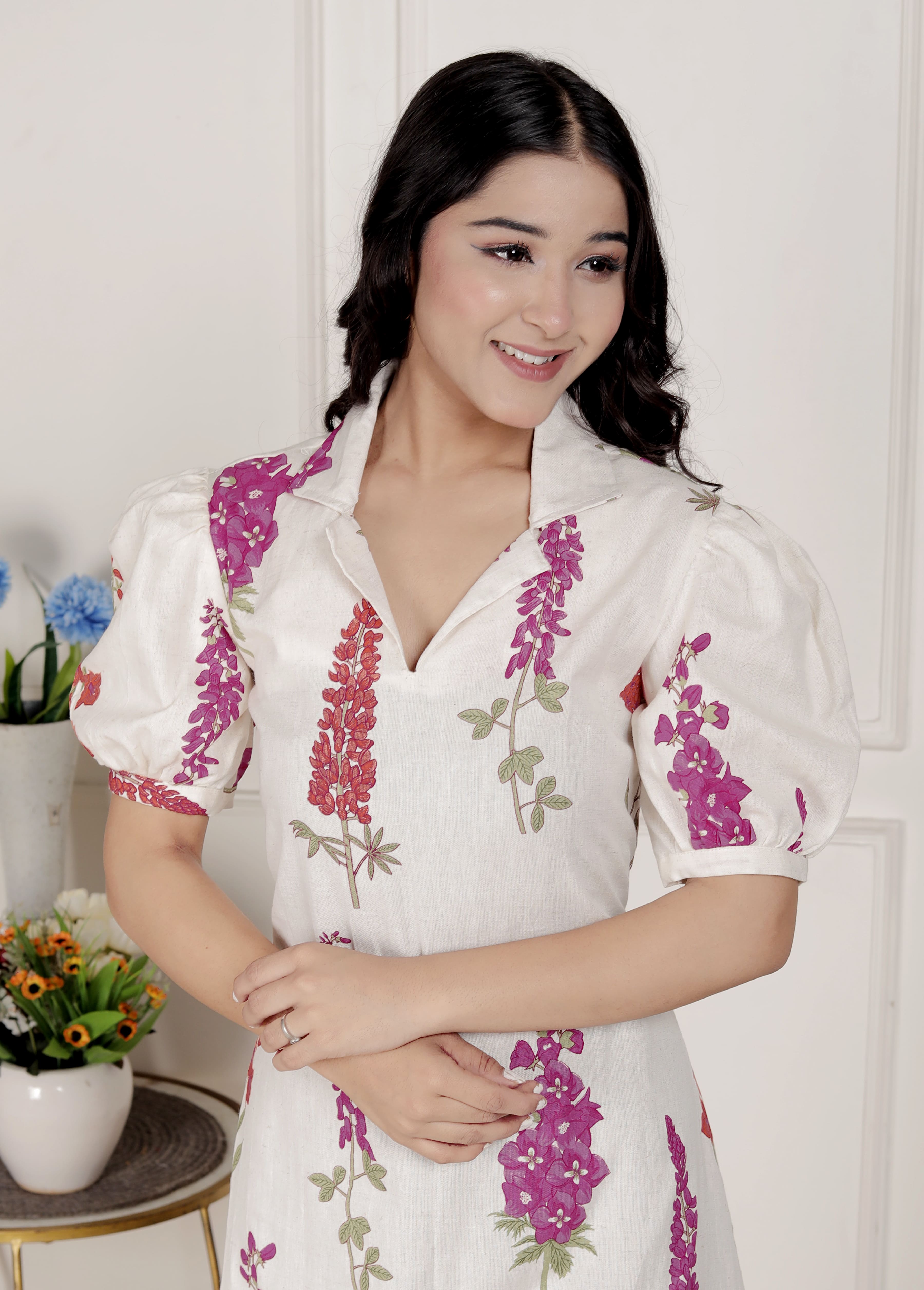 Womens Off White Flower Printed Cotton Flex Maxi Dress