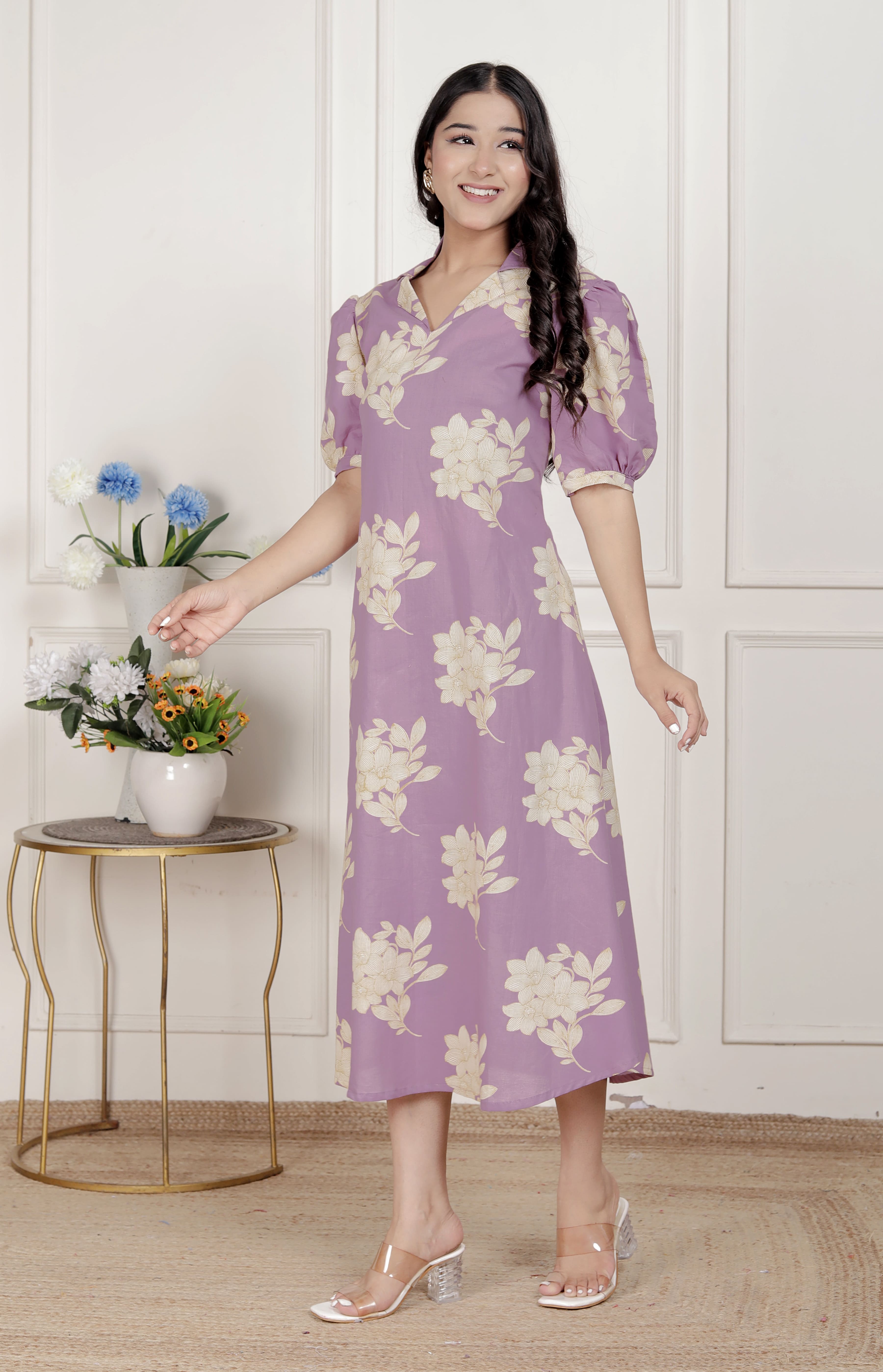 Womens Lavender Floral printed A-Line Maxi Dress