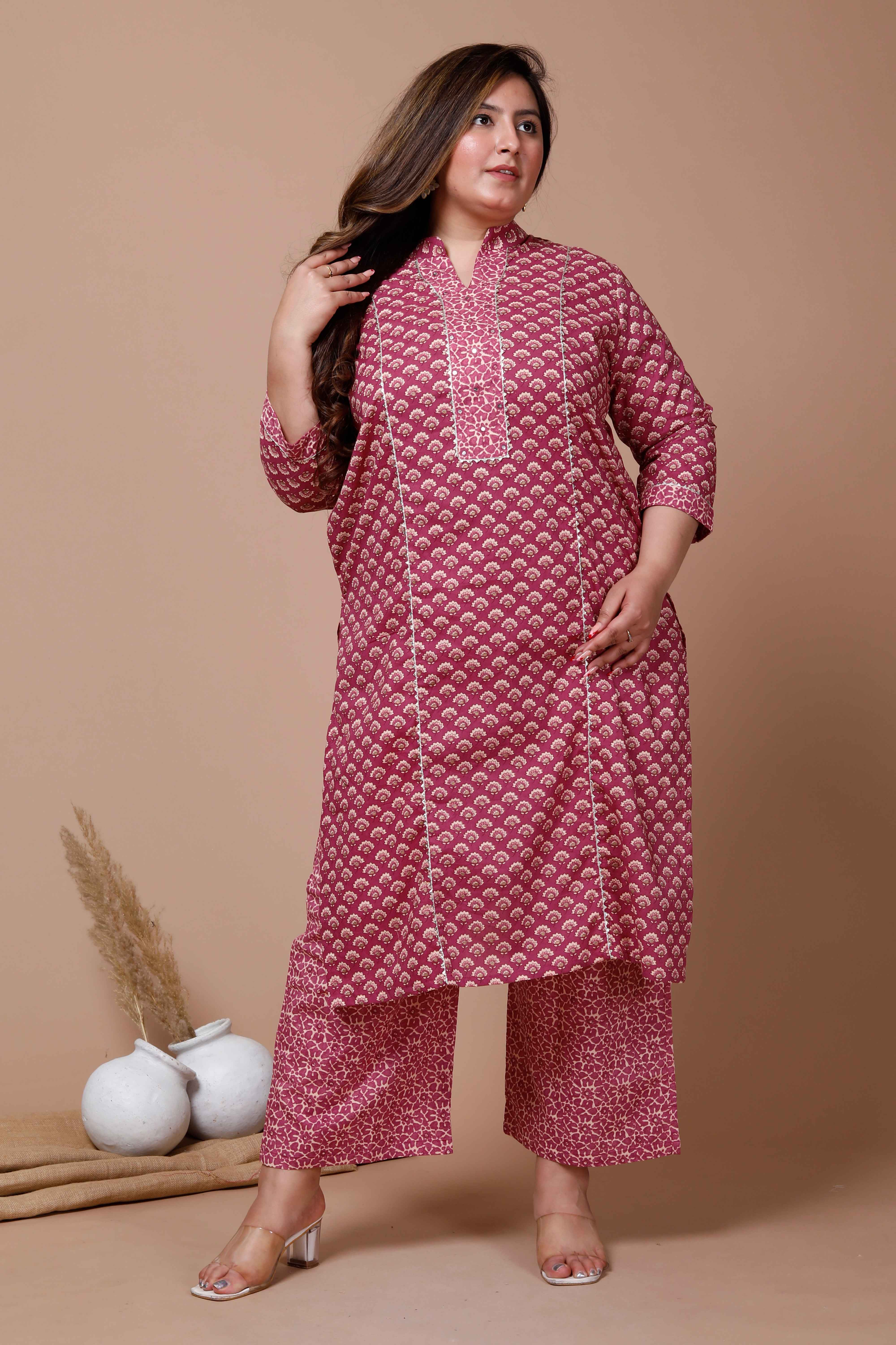 Floral Printed Pink Cotton Straight Kurta with Palazzo Set