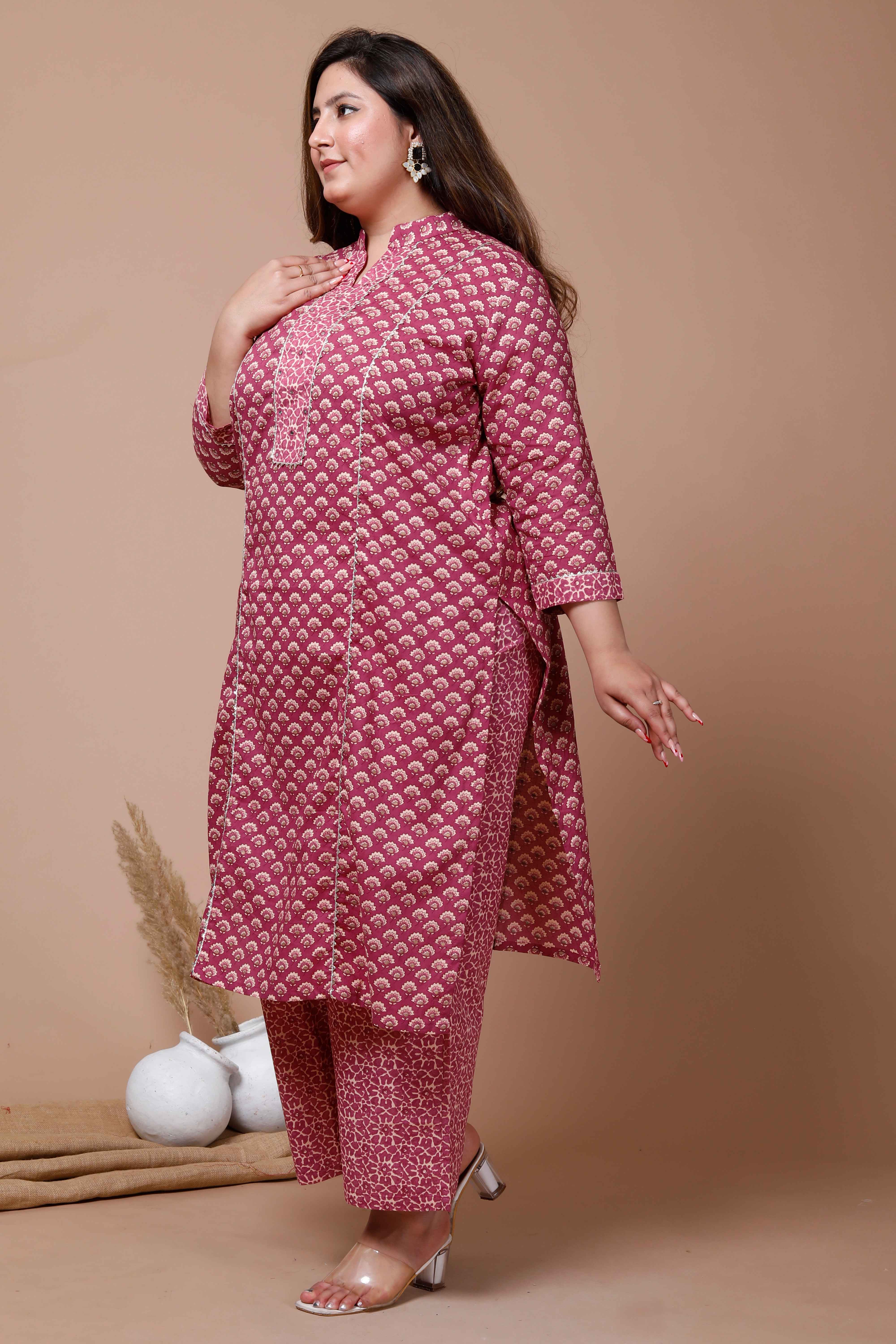 Floral Printed Pink Cotton Straight Kurta with Palazzo Set