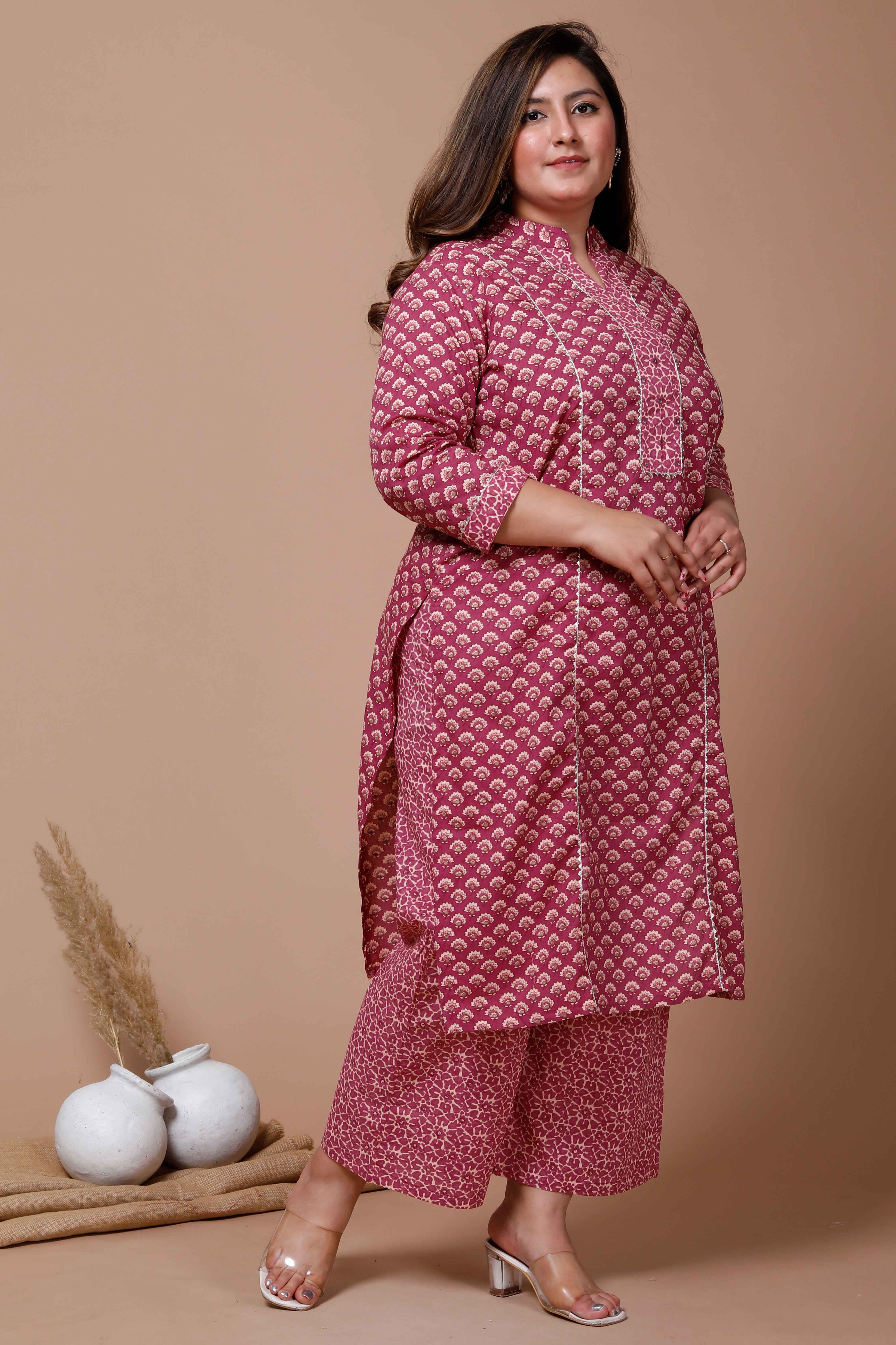 Floral Printed Pink Cotton Straight Kurta with Palazzo Set