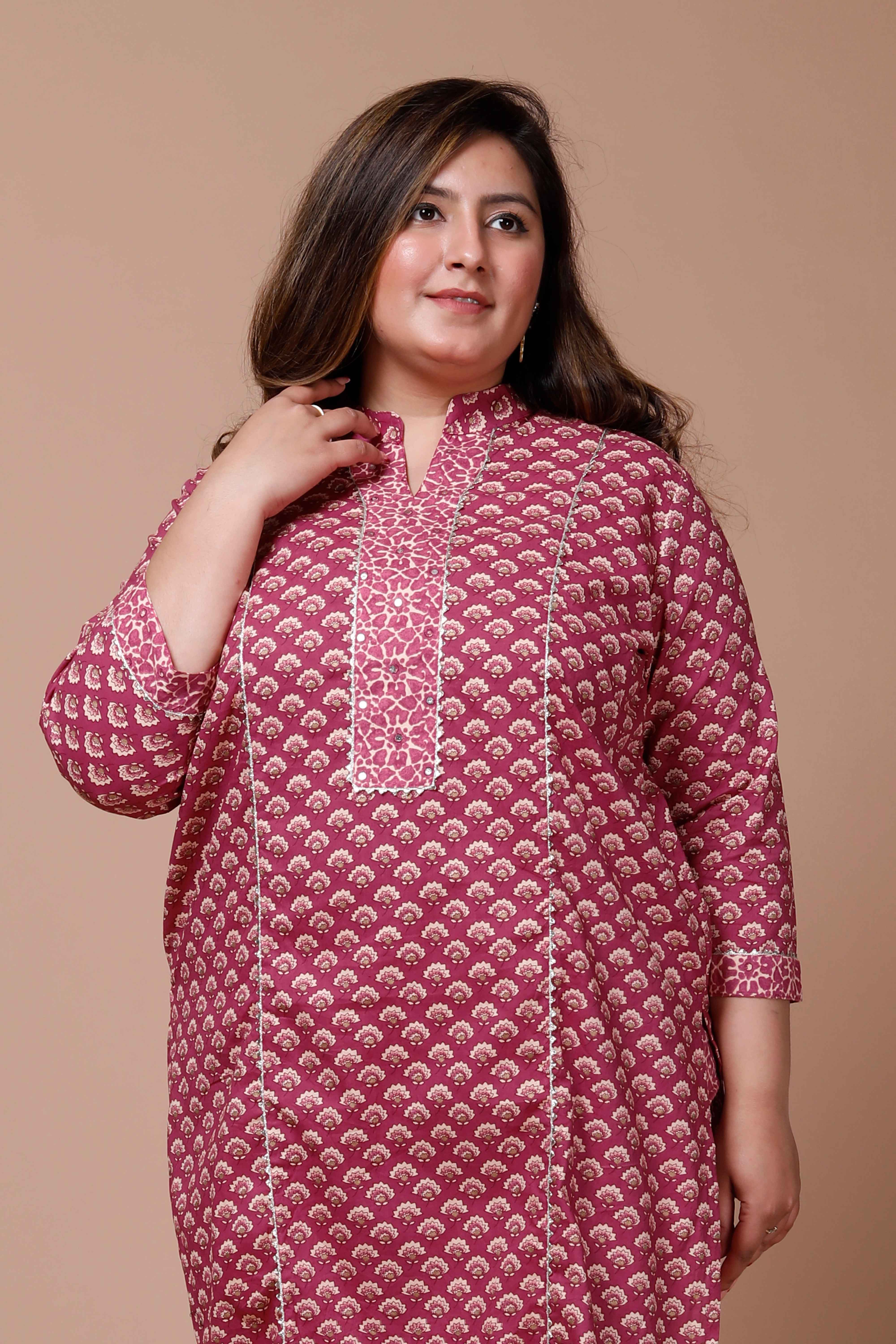 Floral Printed Pink Cotton Straight Kurta with Palazzo Set