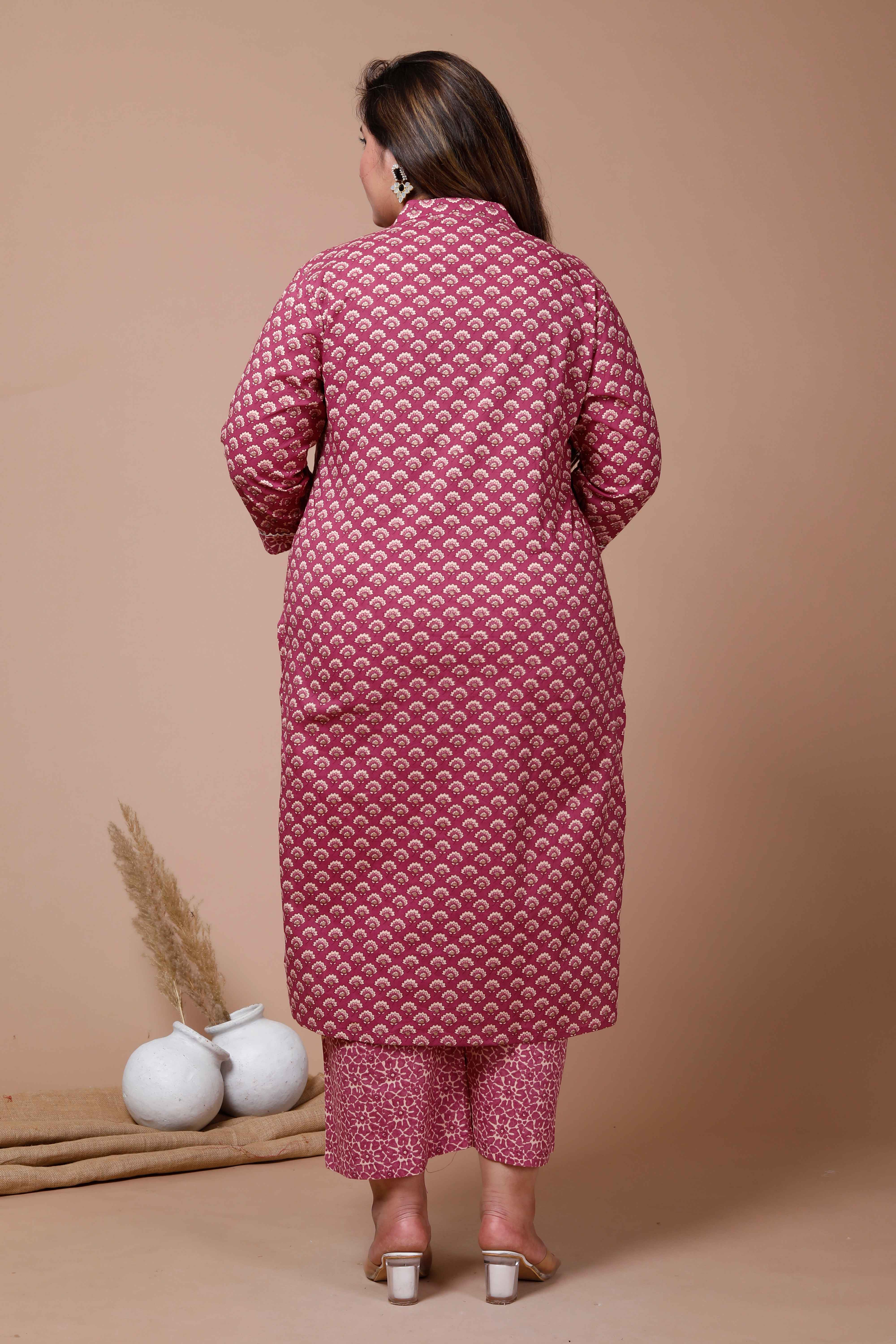 Floral Printed Pink Cotton Straight Kurta with Palazzo Set