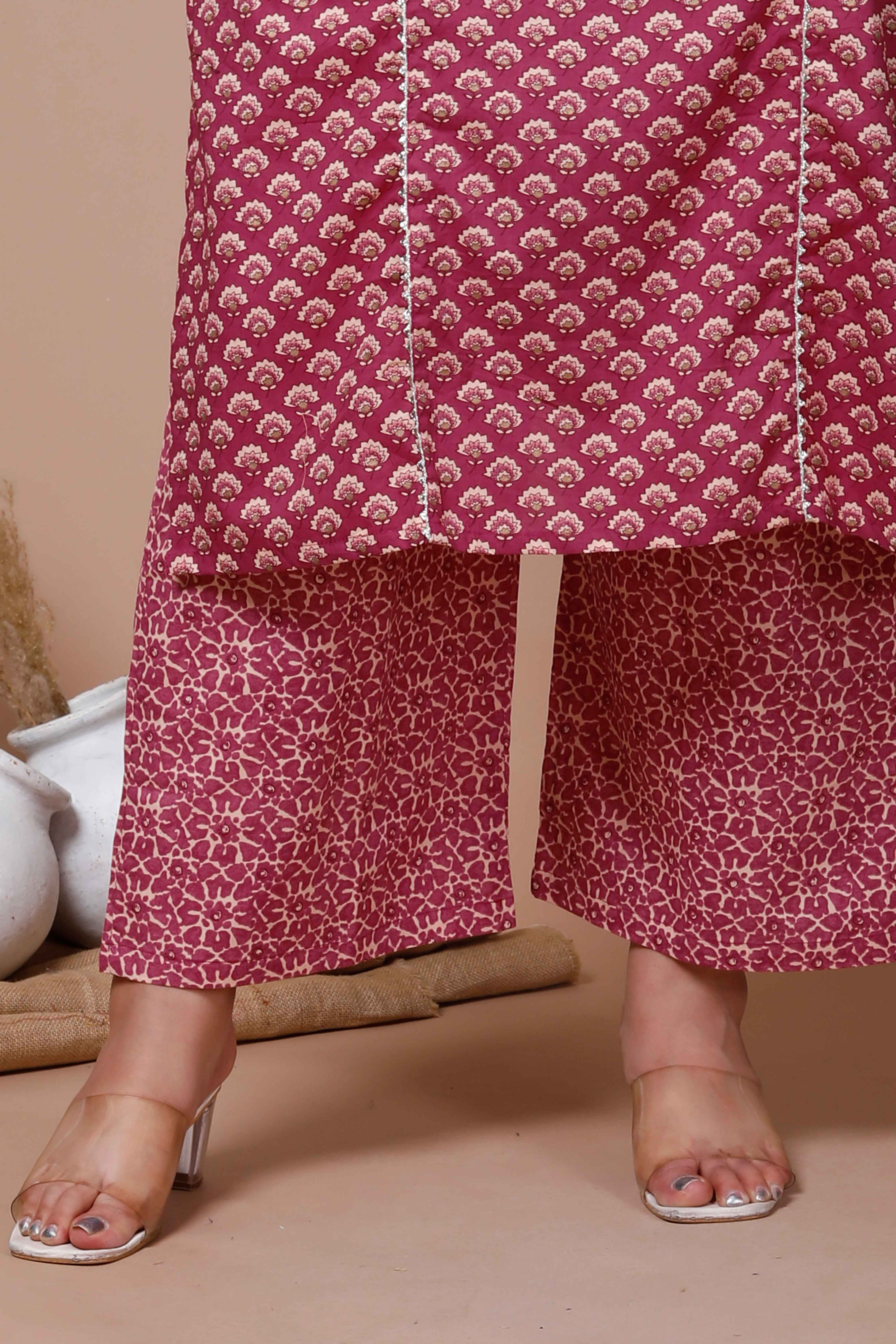 Floral Printed Pink Cotton Straight Kurta with Palazzo Set