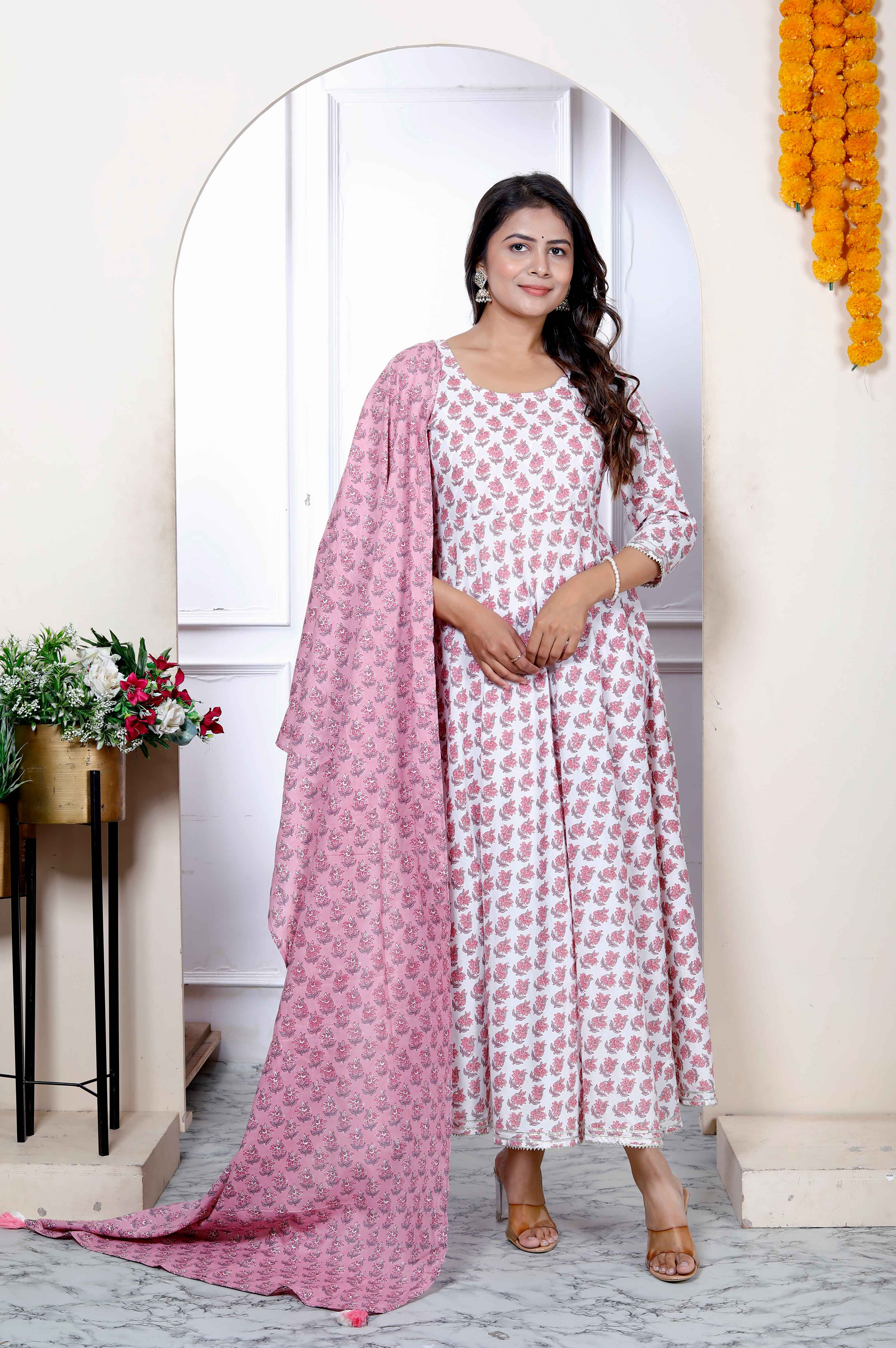 Pink Floral Cotton Anarkali Kurta with Dupatta Set