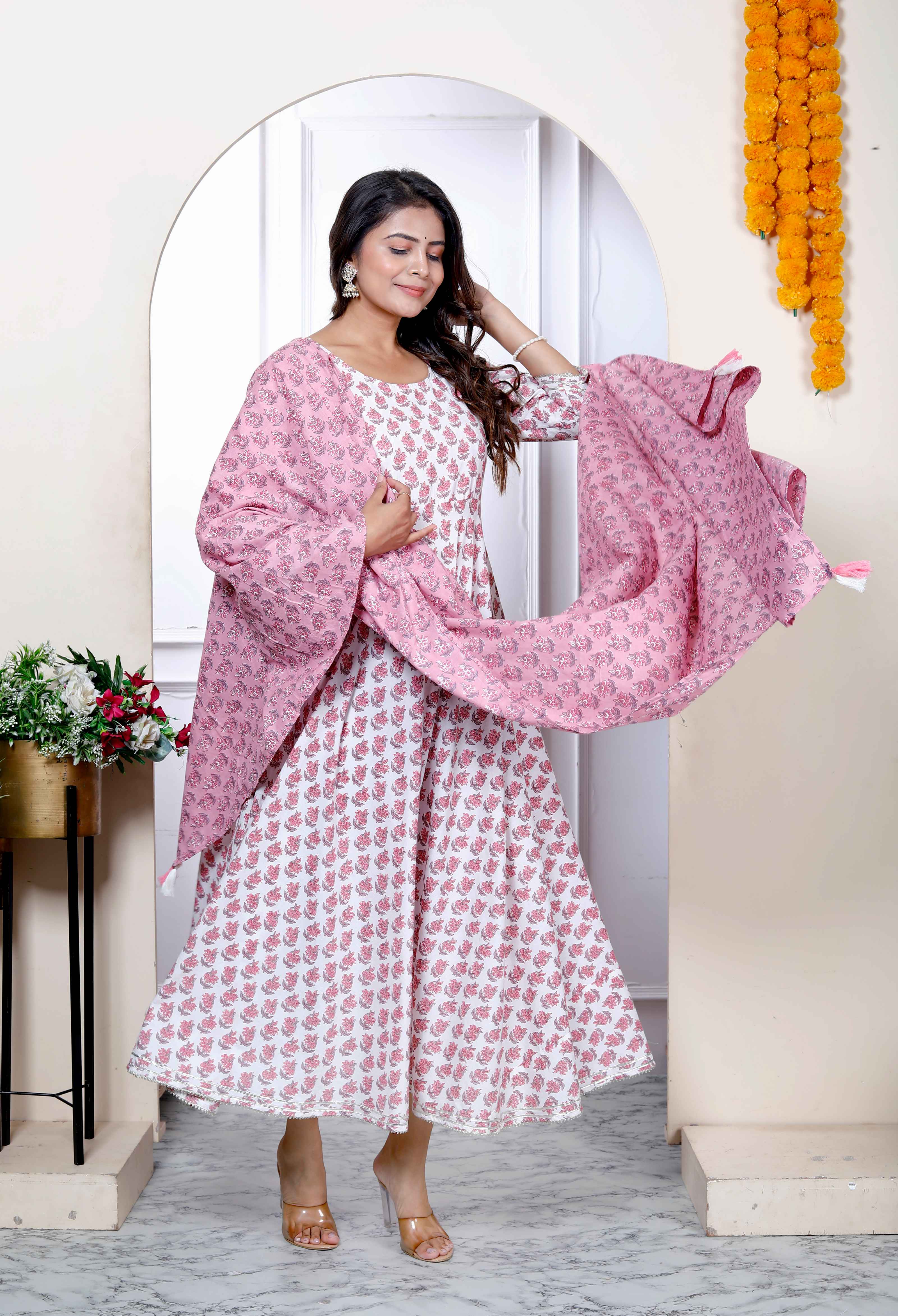 Pink Floral Cotton Anarkali Kurta with Dupatta Set