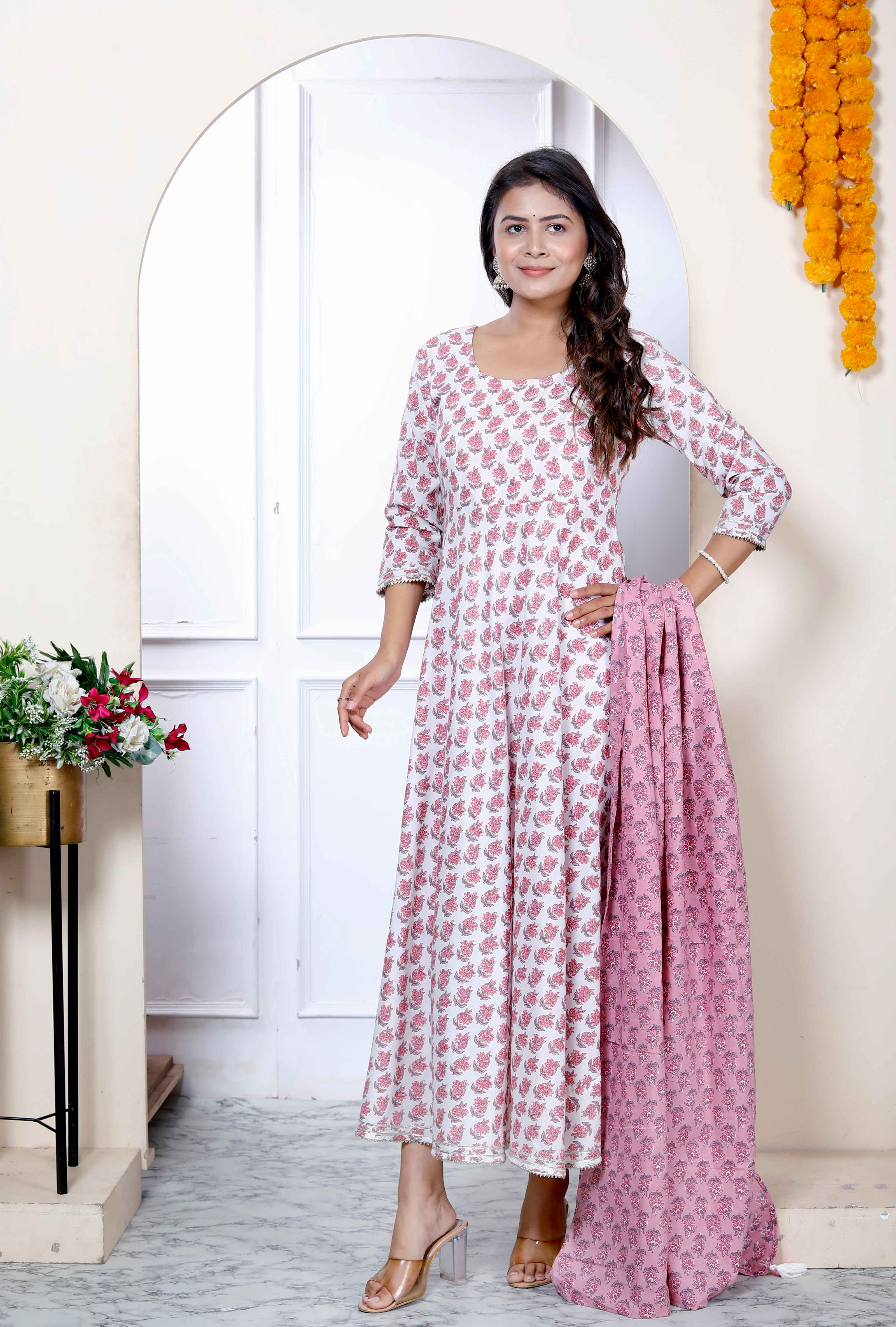 Pink Floral Cotton Anarkali Kurta with Dupatta Set