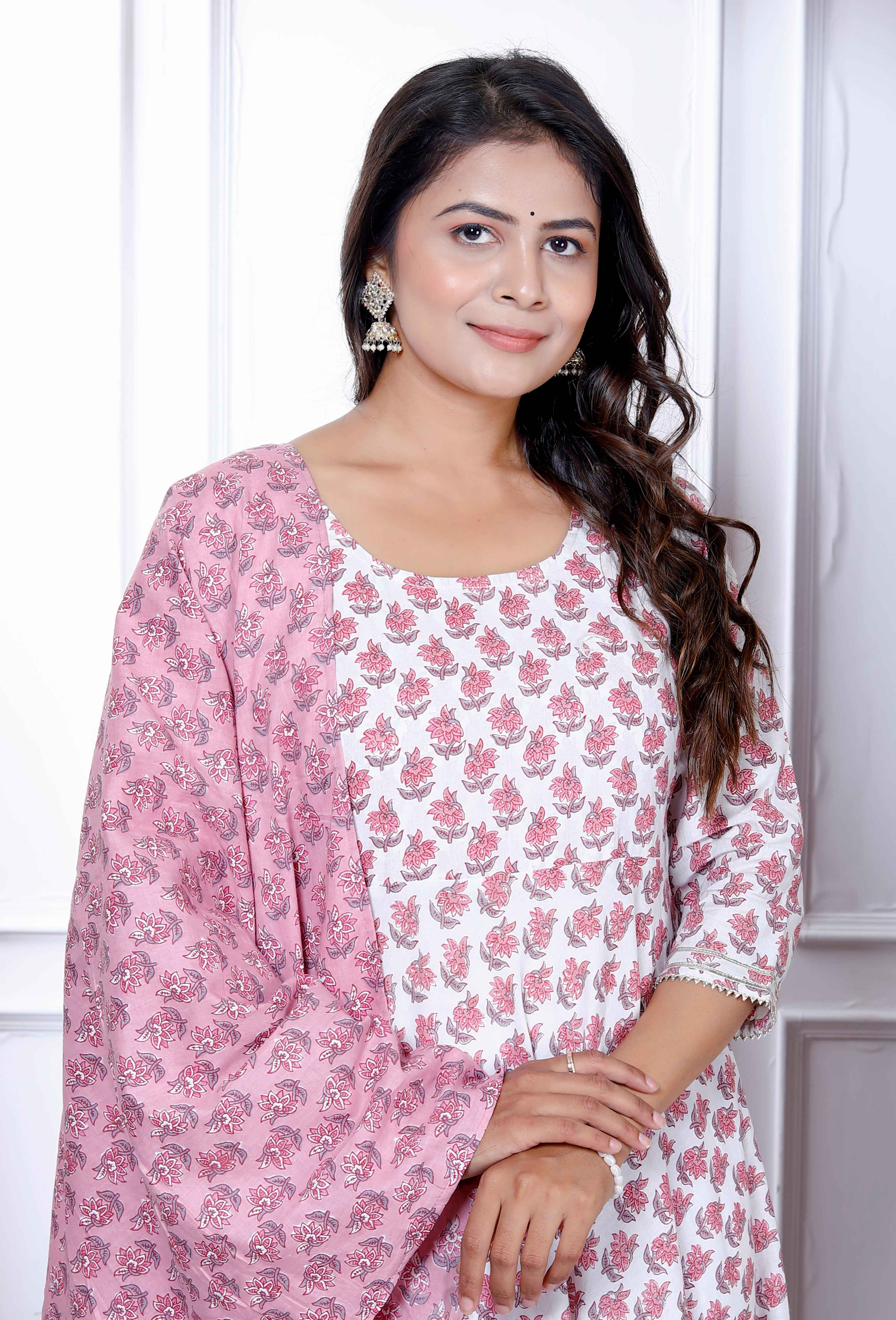 Pink Floral Cotton Anarkali Kurta with Dupatta Set