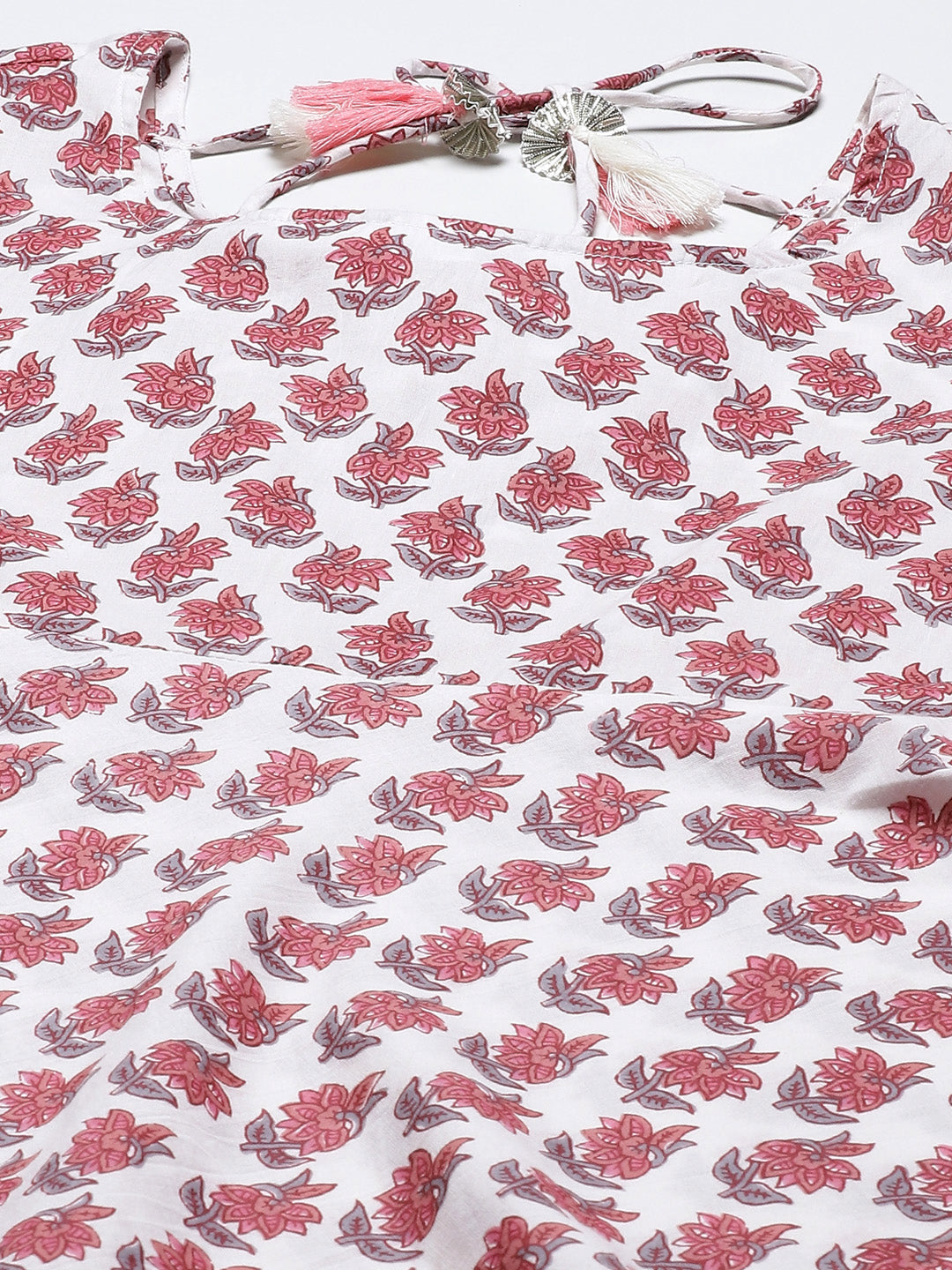 Pink Floral Cotton Anarkali Kurta with Dupatta Set