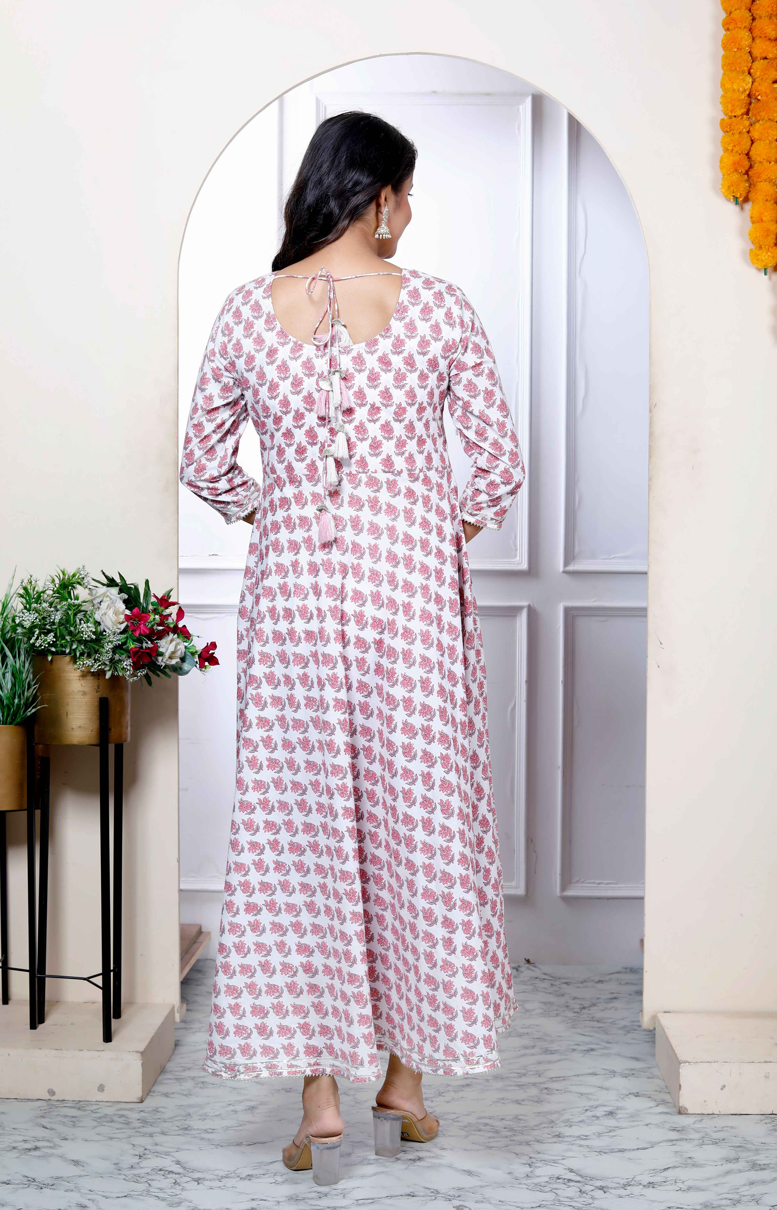 Pink Floral Cotton Anarkali Kurta with Dupatta Set