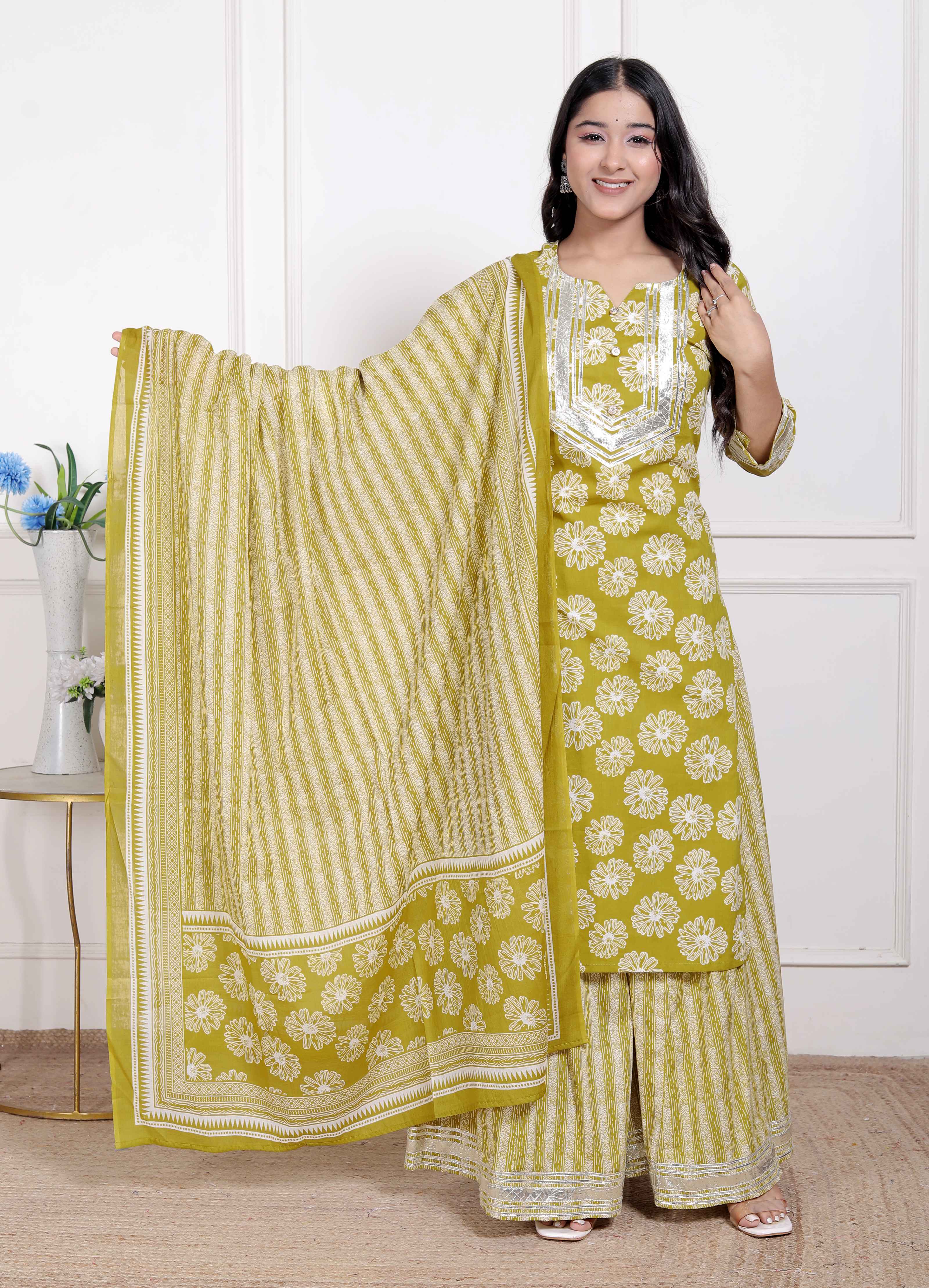 Lime Yellow Embroidered Straight Kurta with Palazzo & Dupatta