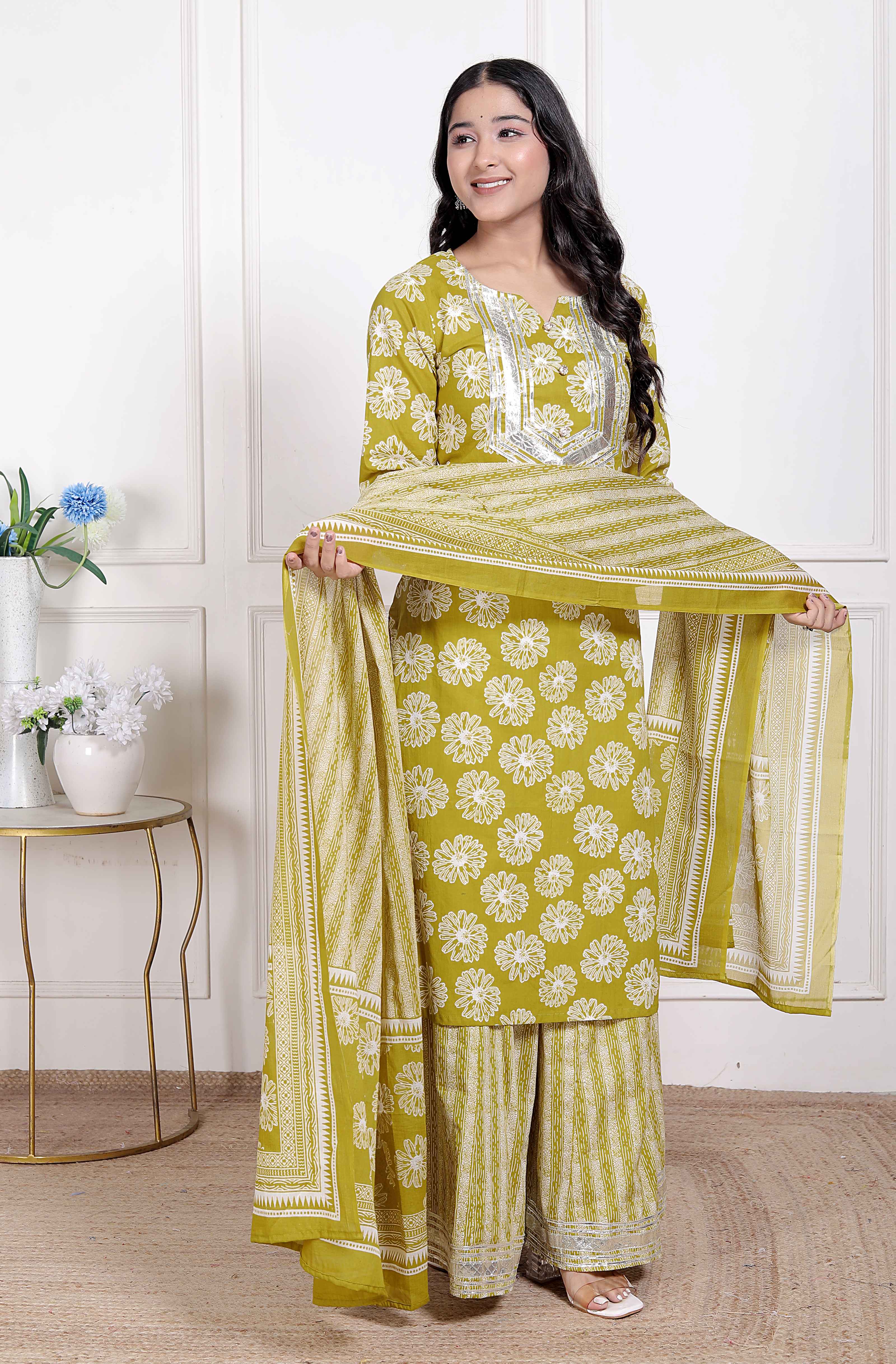 Lime Yellow Embroidered Straight Kurta with Palazzo & Dupatta