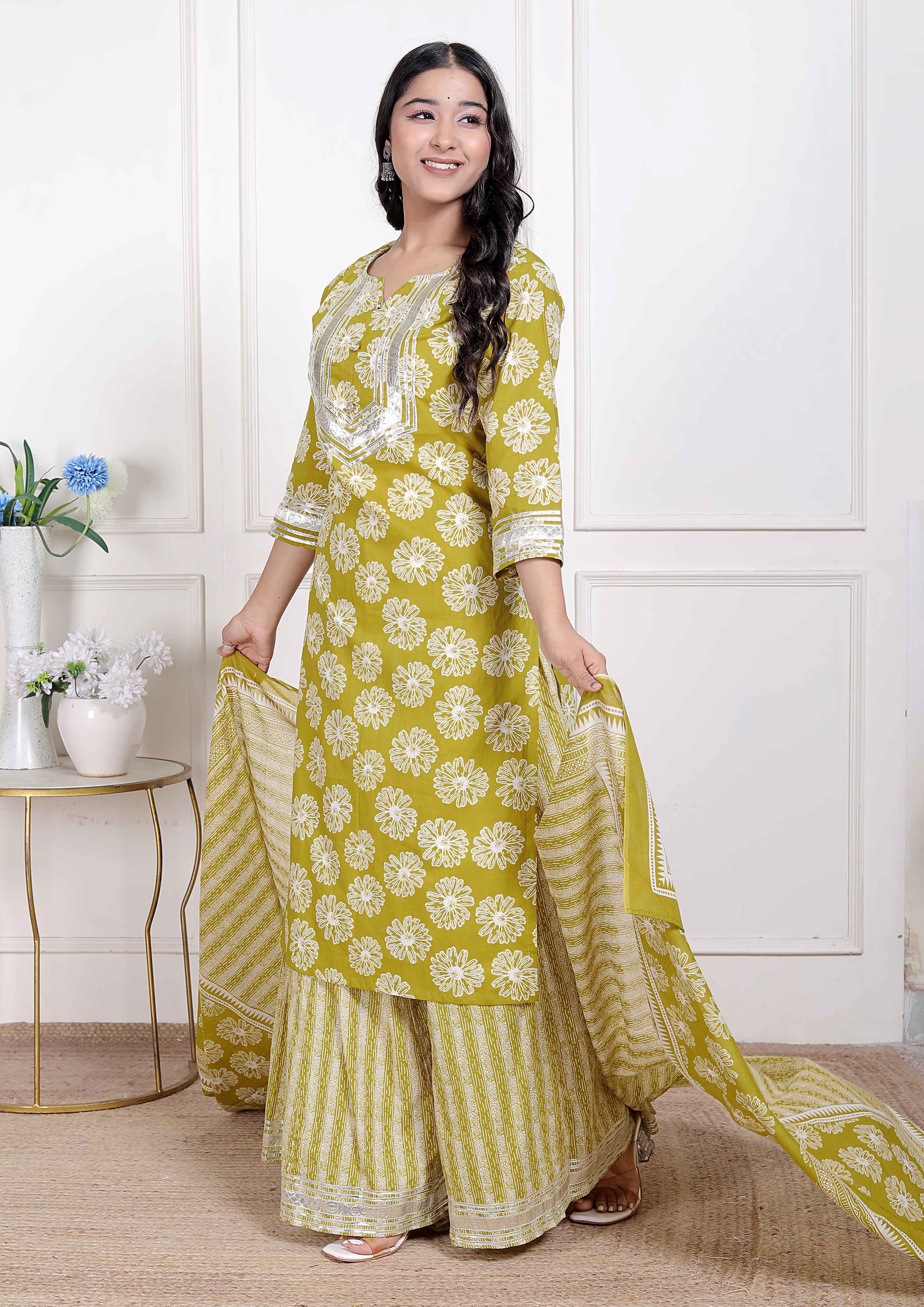 Lime Yellow Embroidered Straight Kurta with Palazzo & Dupatta