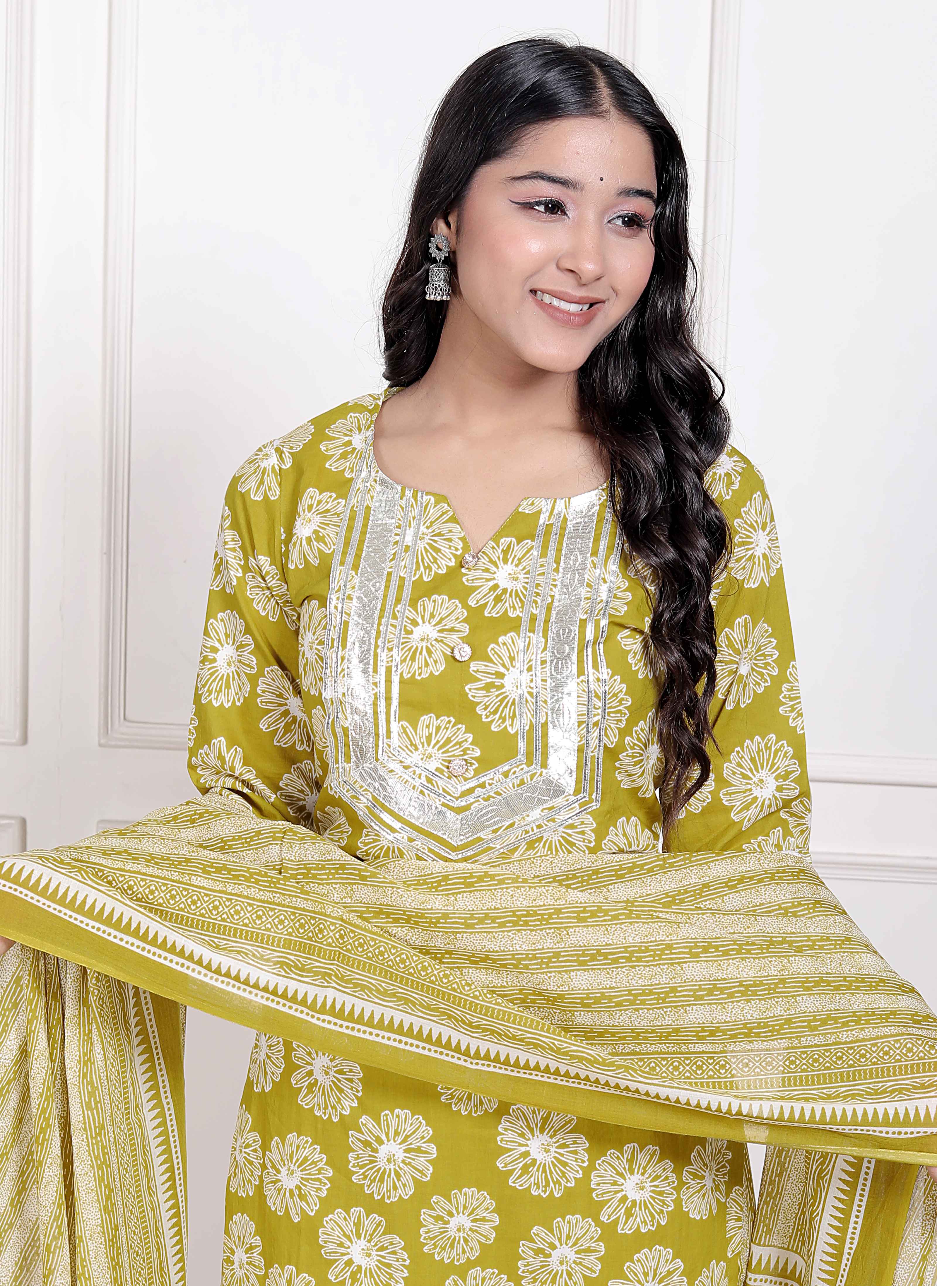 Lime Yellow Embroidered Straight Kurta with Palazzo & Dupatta