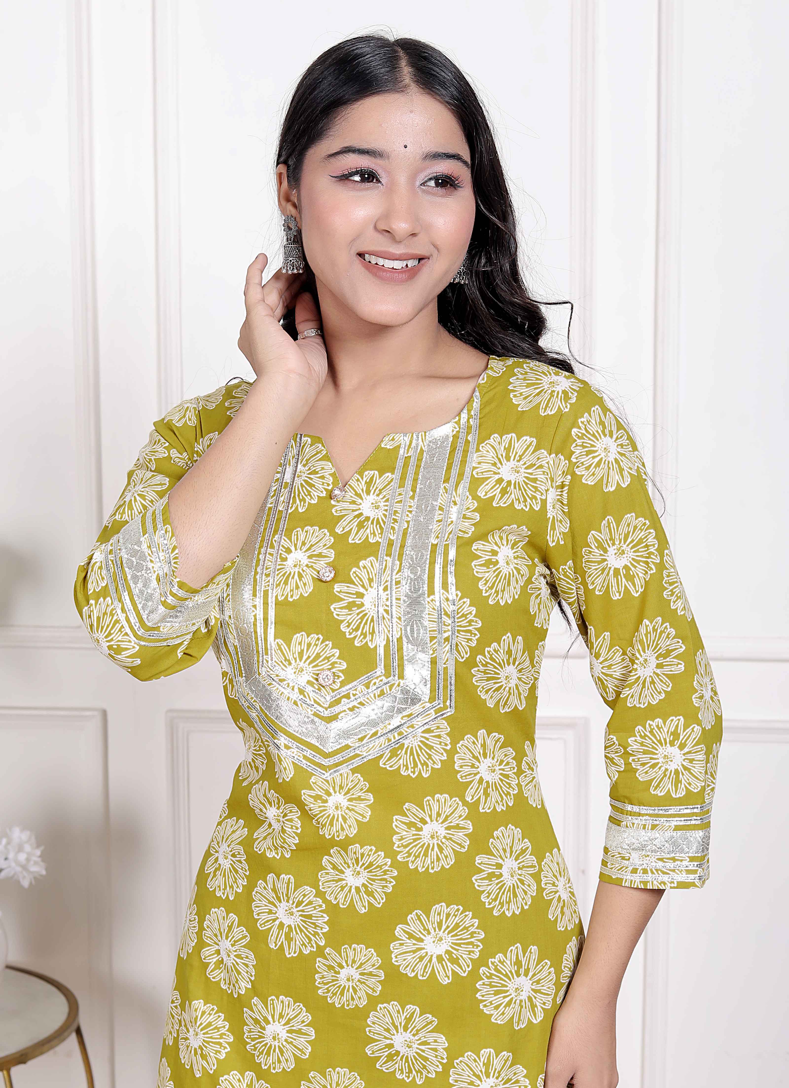 Lime Yellow Embroidered Straight Kurta with Palazzo & Dupatta