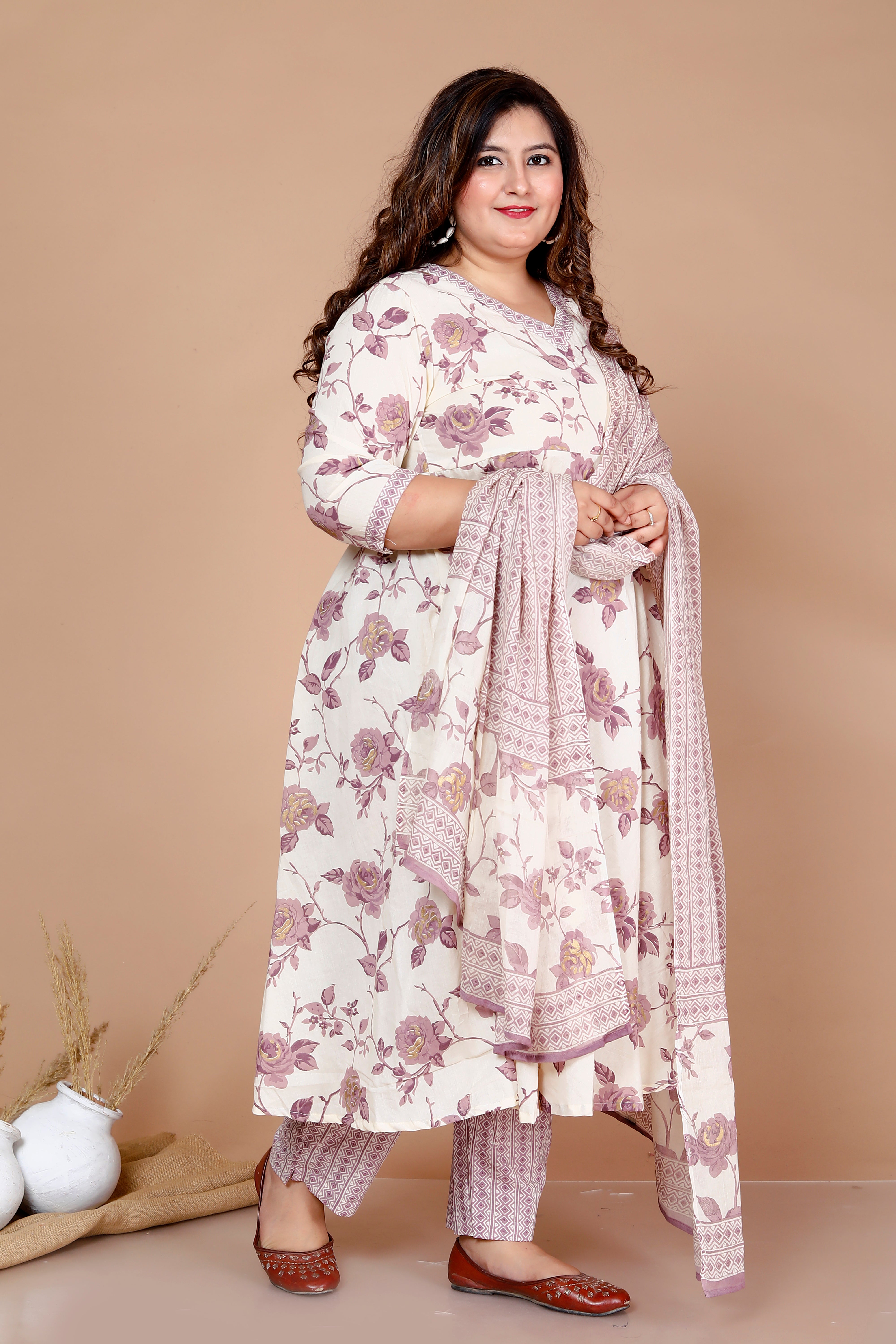 Pink Floral Printed Cotton Anarkali Kurta with Palazzo and Dupatta Set