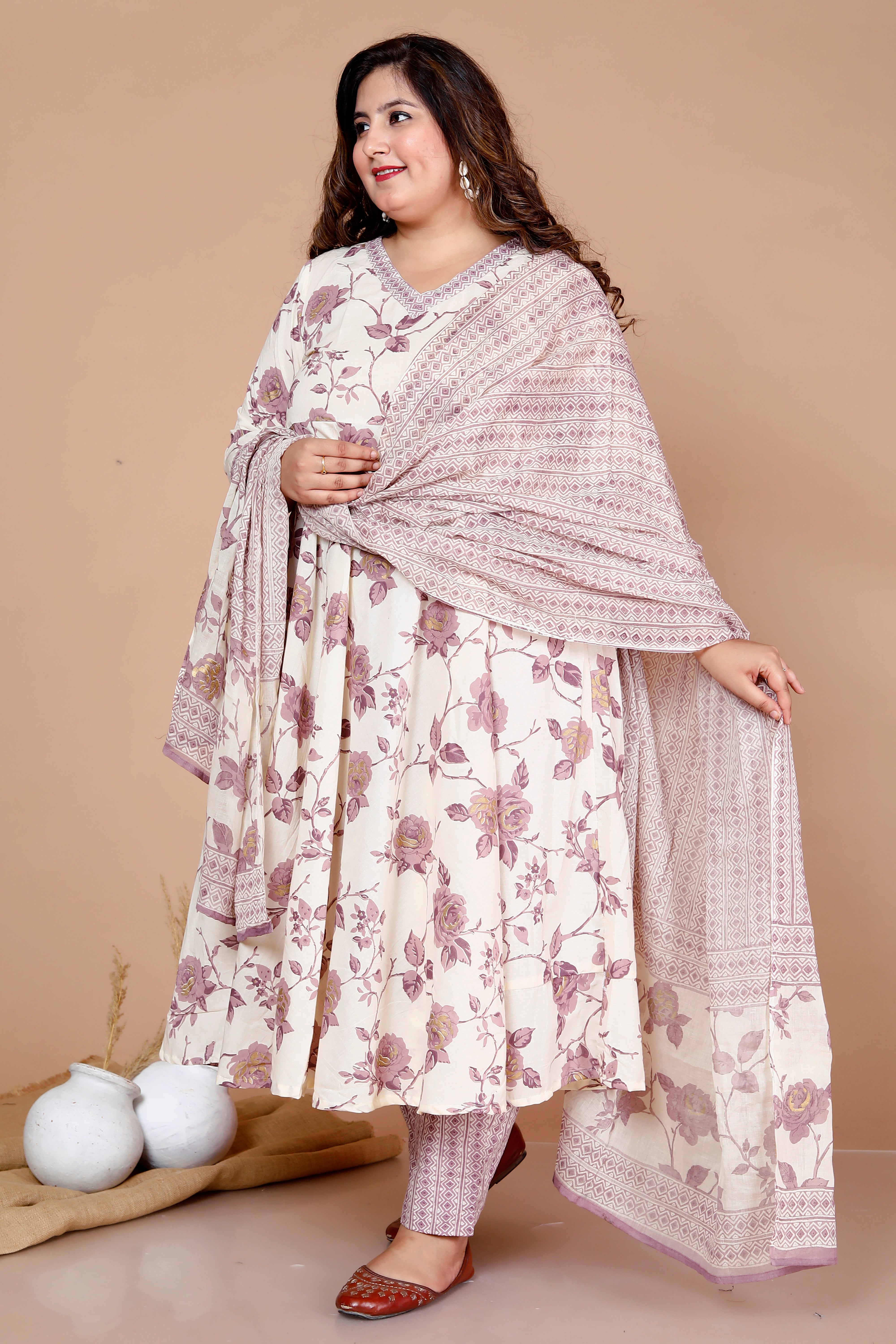 Pink Floral Printed Cotton Anarkali Kurta with Palazzo and Dupatta Set
