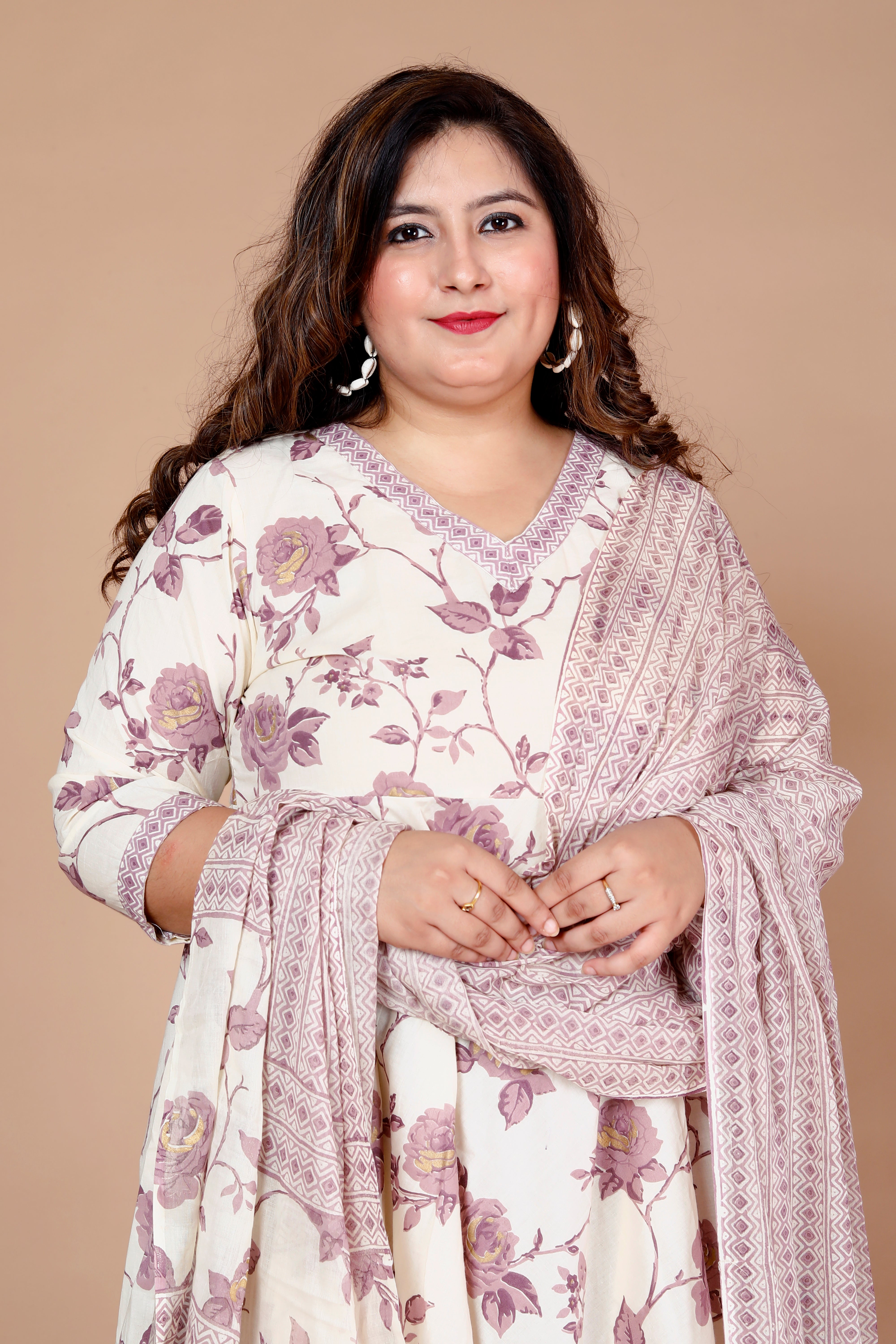 Pink Floral Printed Cotton Anarkali Kurta with Palazzo and Dupatta Set