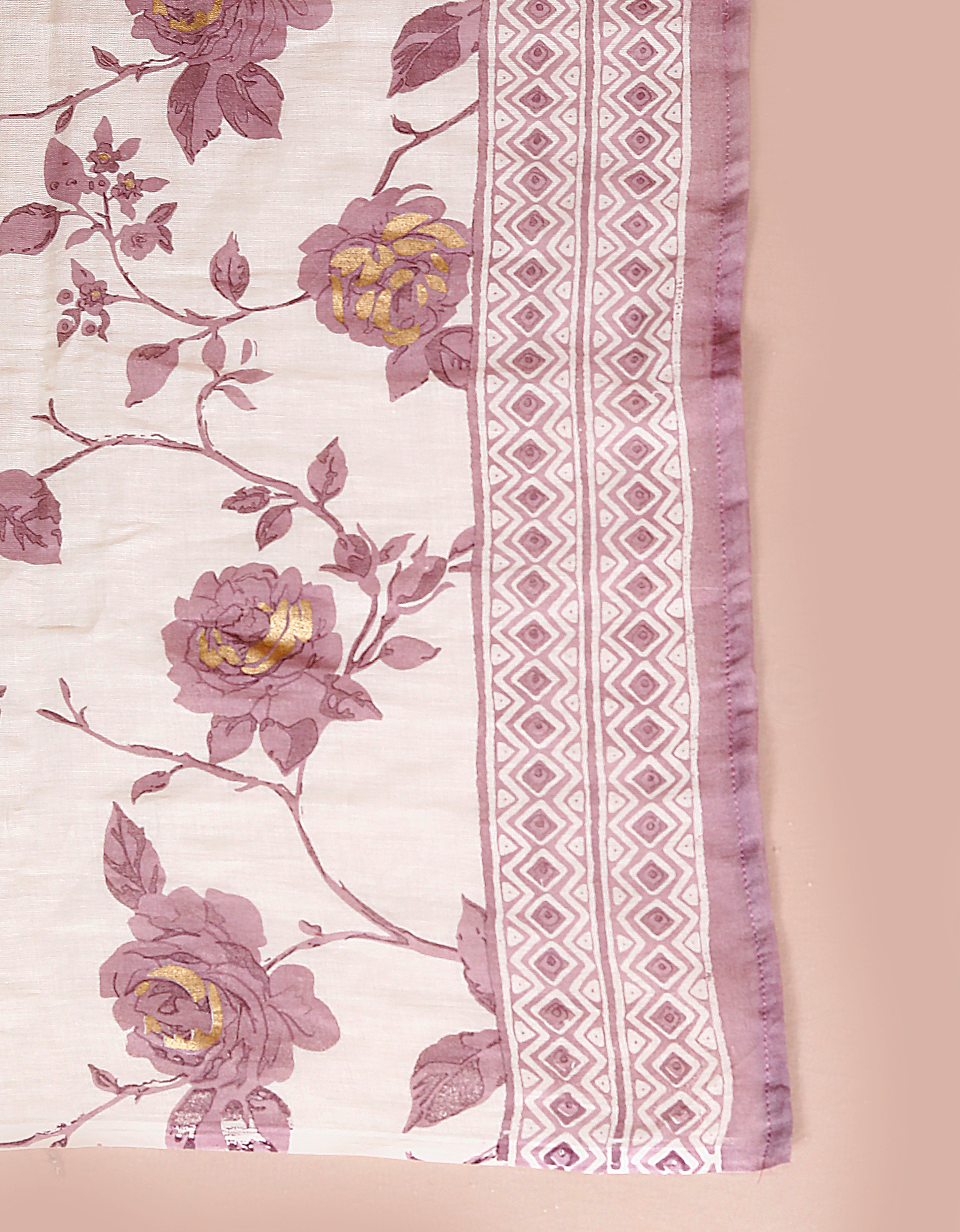 Pink Floral Printed Cotton Anarkali Kurta with Palazzo and Dupatta Set