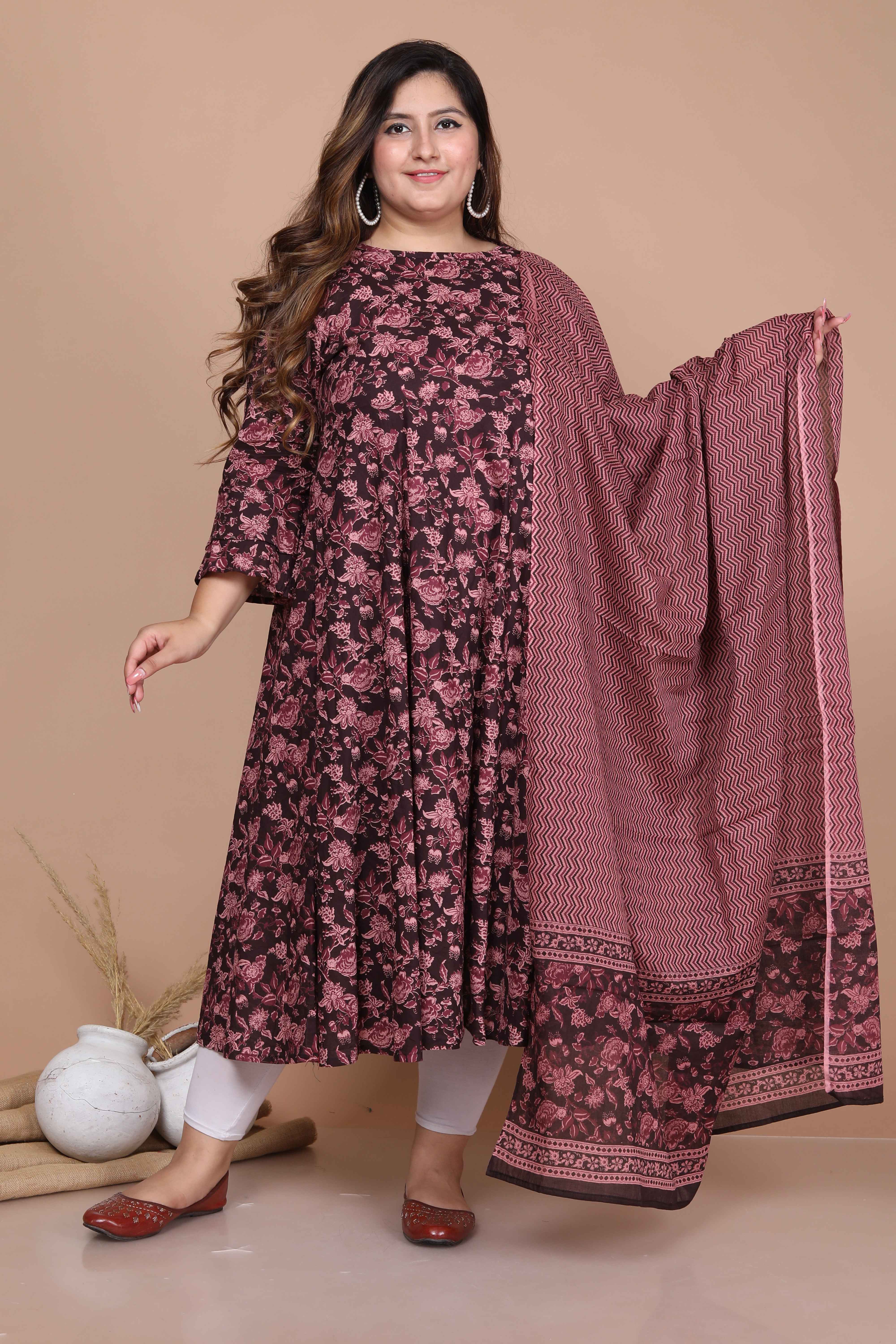 Maroon Printed Pure Cotton Bell Sleeves Anarkali Kurta with Dupatta