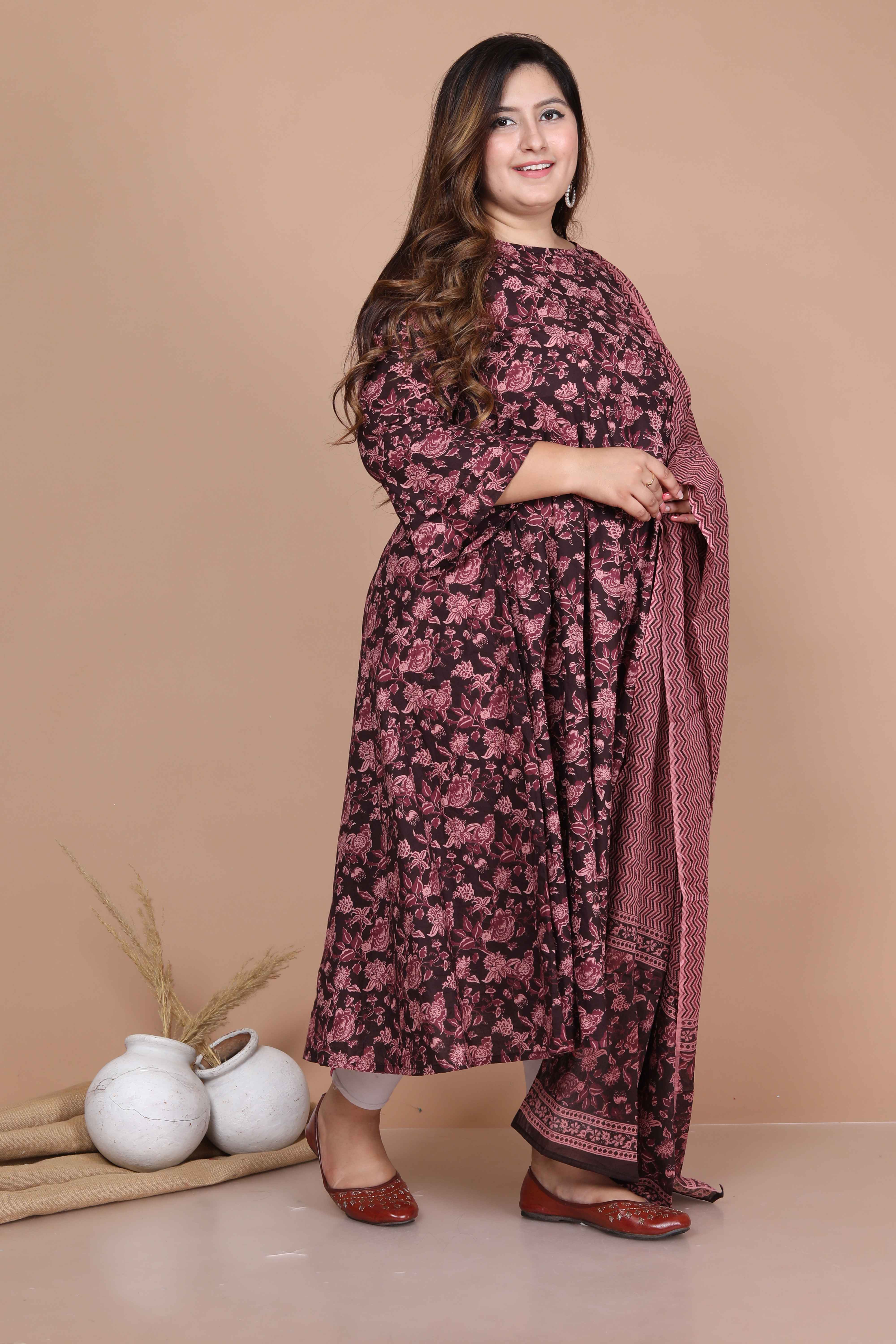 Maroon Printed Pure Cotton Bell Sleeves Anarkali Kurta with Dupatta