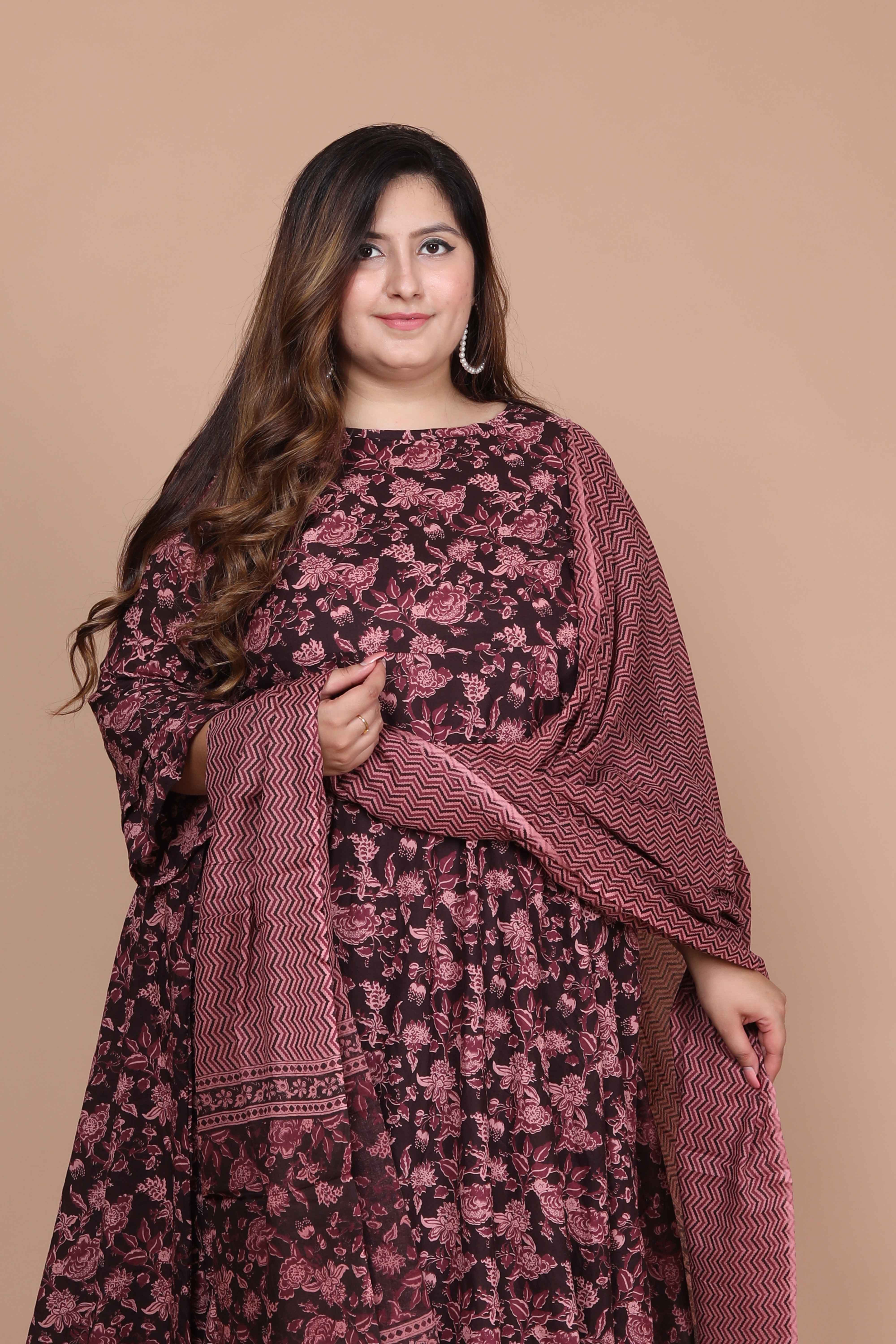 Maroon Printed Pure Cotton Bell Sleeves Anarkali Kurta with Dupatta