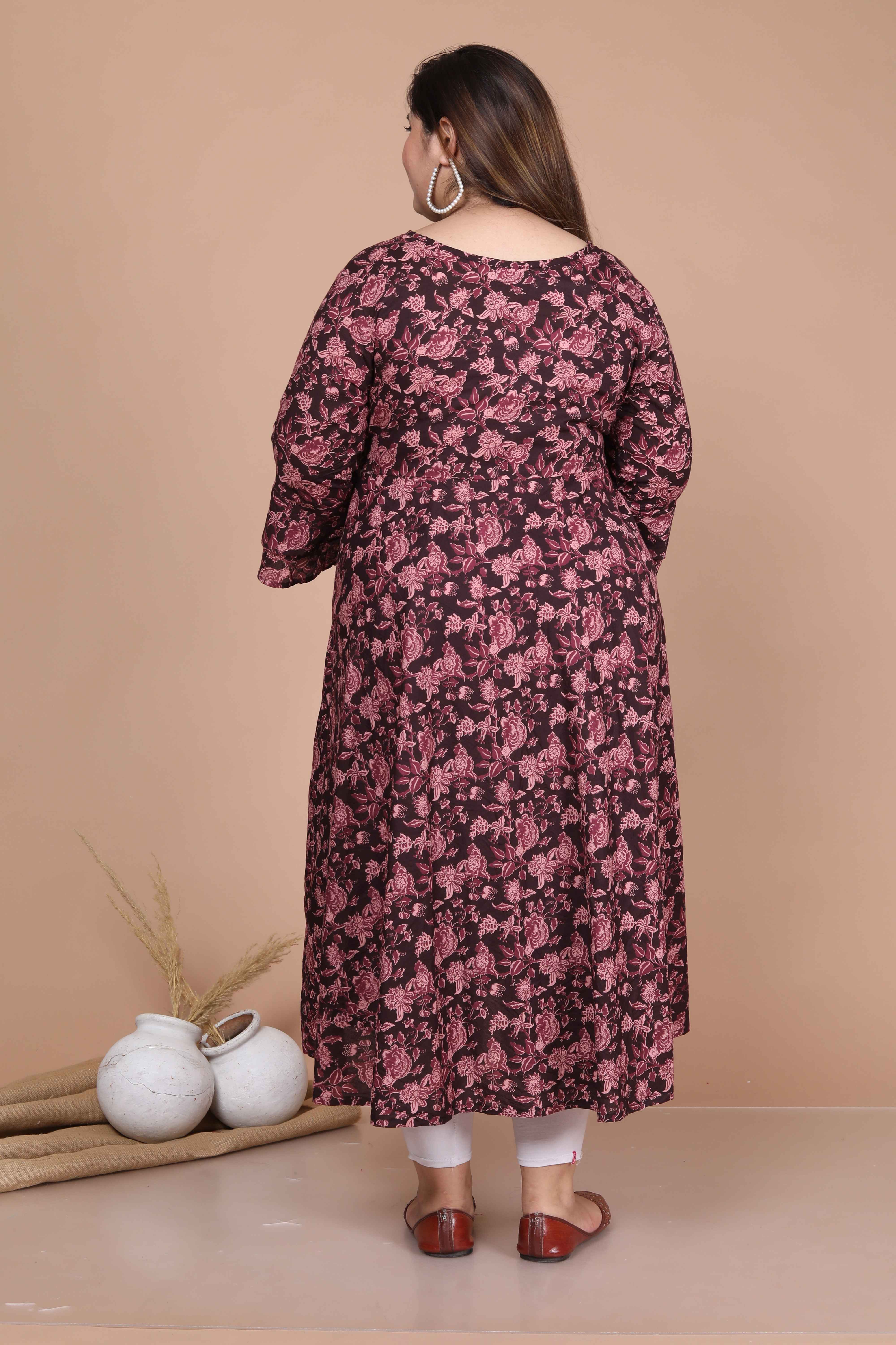 Maroon Printed Pure Cotton Bell Sleeves Anarkali Kurta with Dupatta