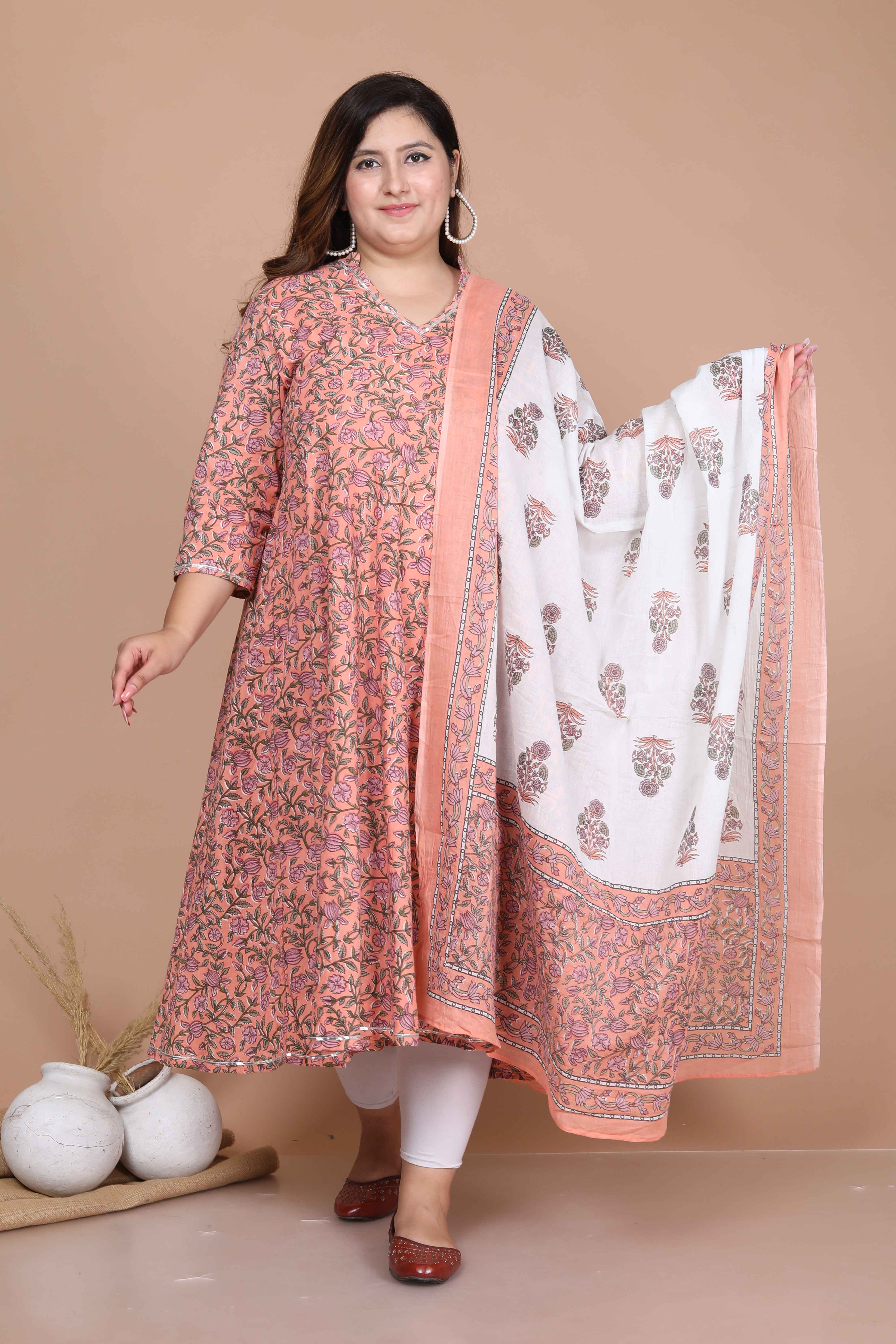 Orange Floral Printed Anarkali Kurta with Dupatta Set