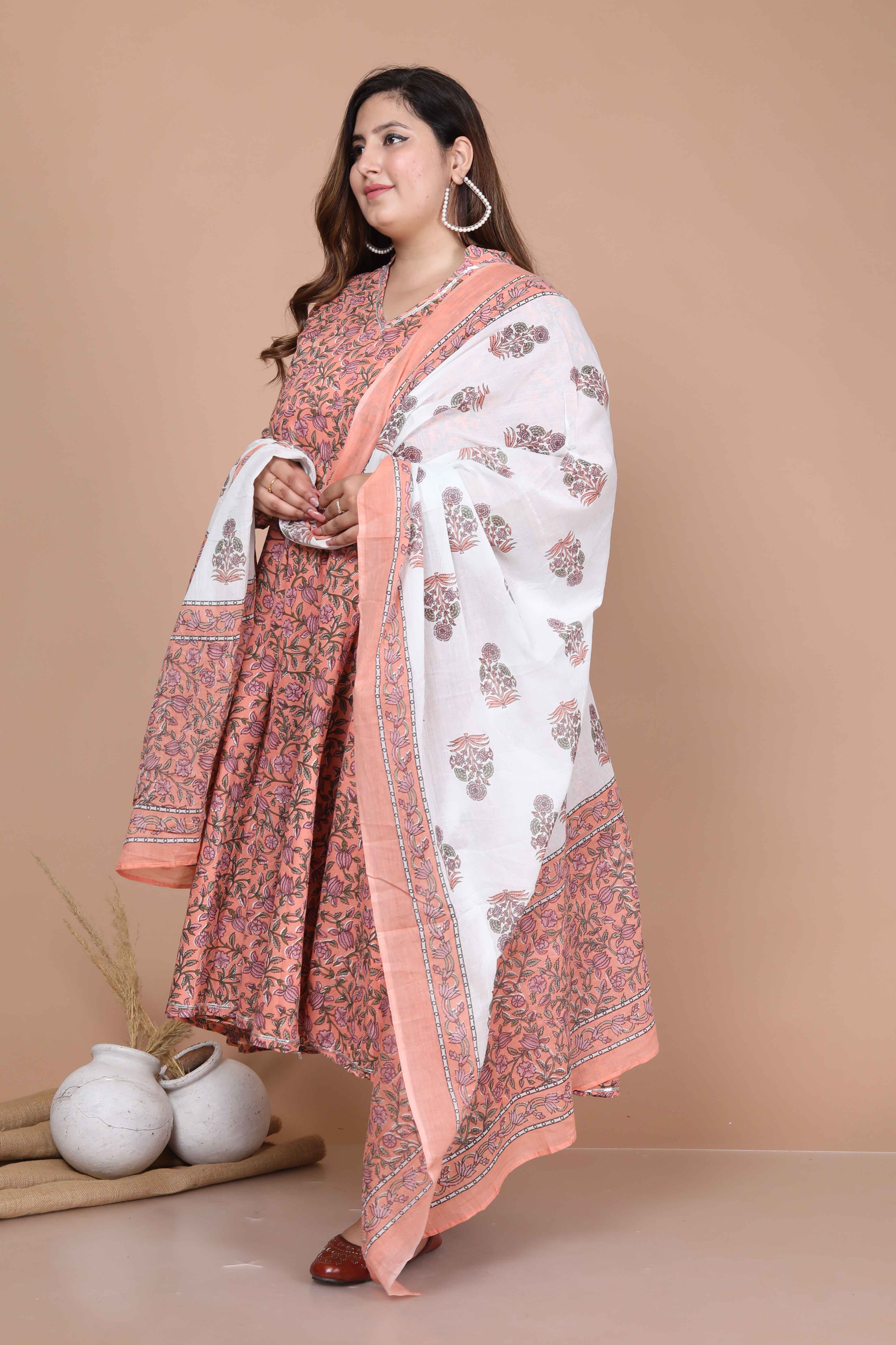 Orange Floral Printed Anarkali Kurta with Dupatta Set