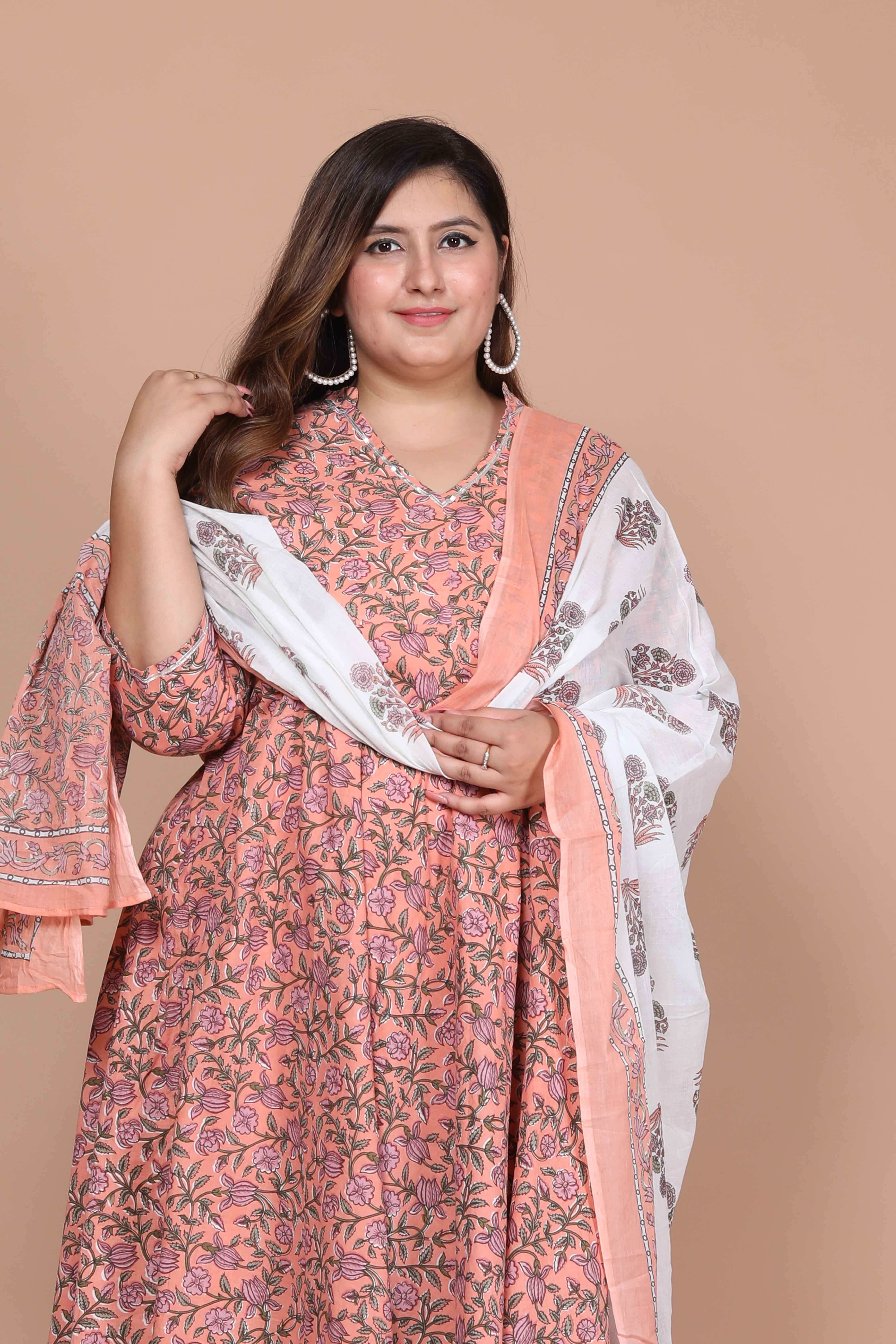 Orange Floral Printed Anarkali Kurta with Dupatta Set