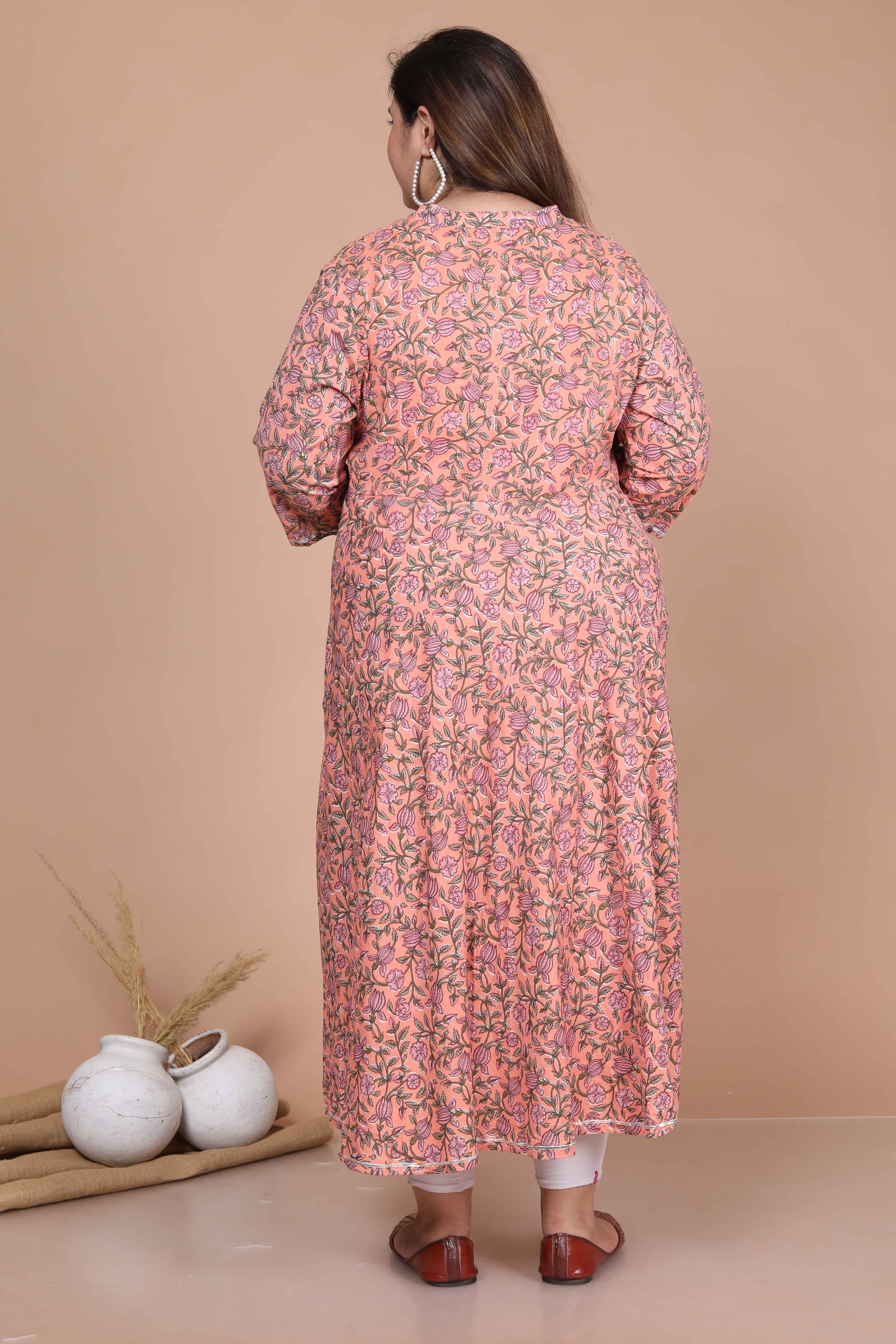 Orange Floral Printed Anarkali Kurta with Dupatta Set