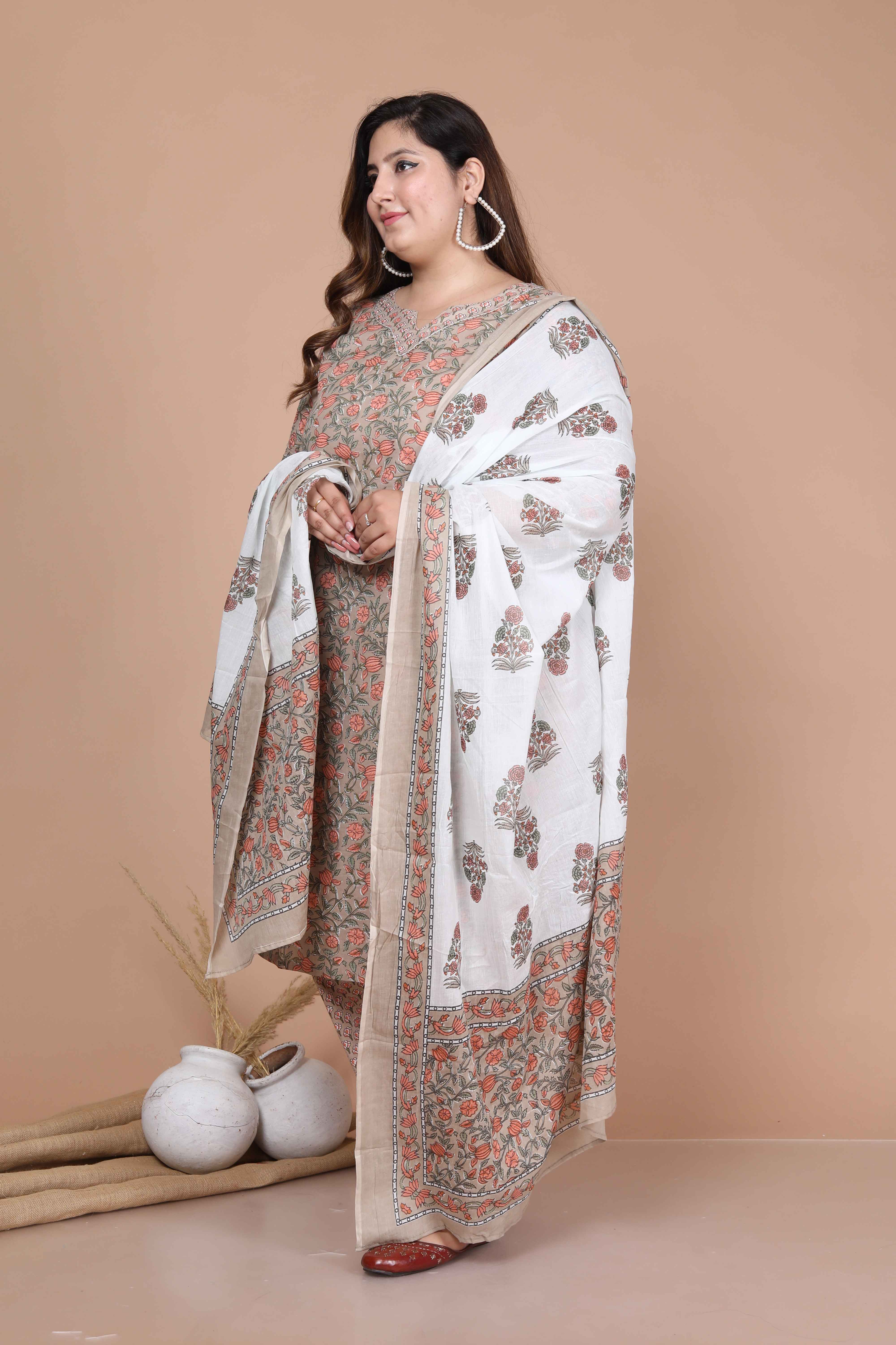 Brown Printed Pure Cotton Straight Kurta with Palazzo and Dupatta Set