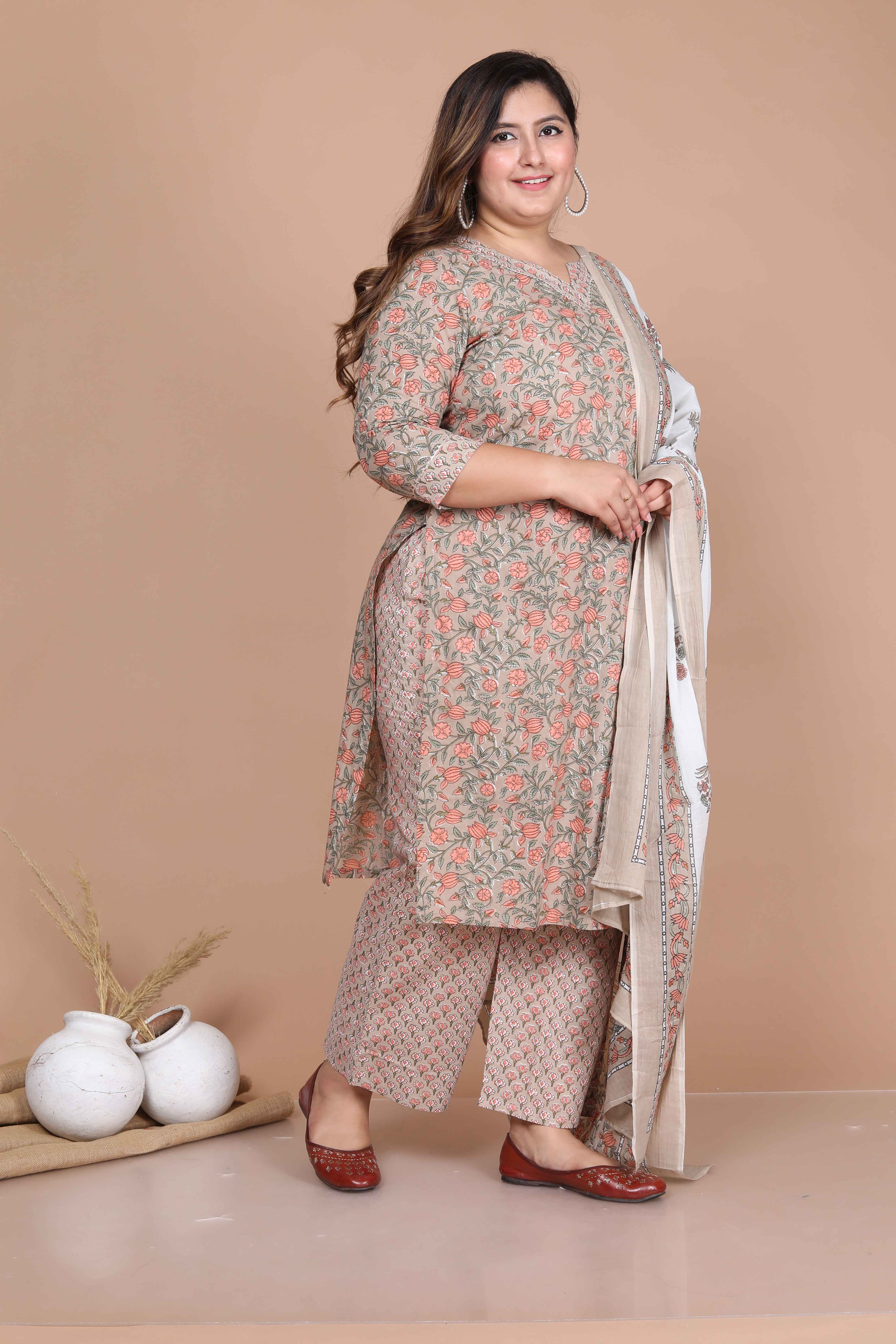 Brown Printed Pure Cotton Straight Kurta with Palazzo and Dupatta Set