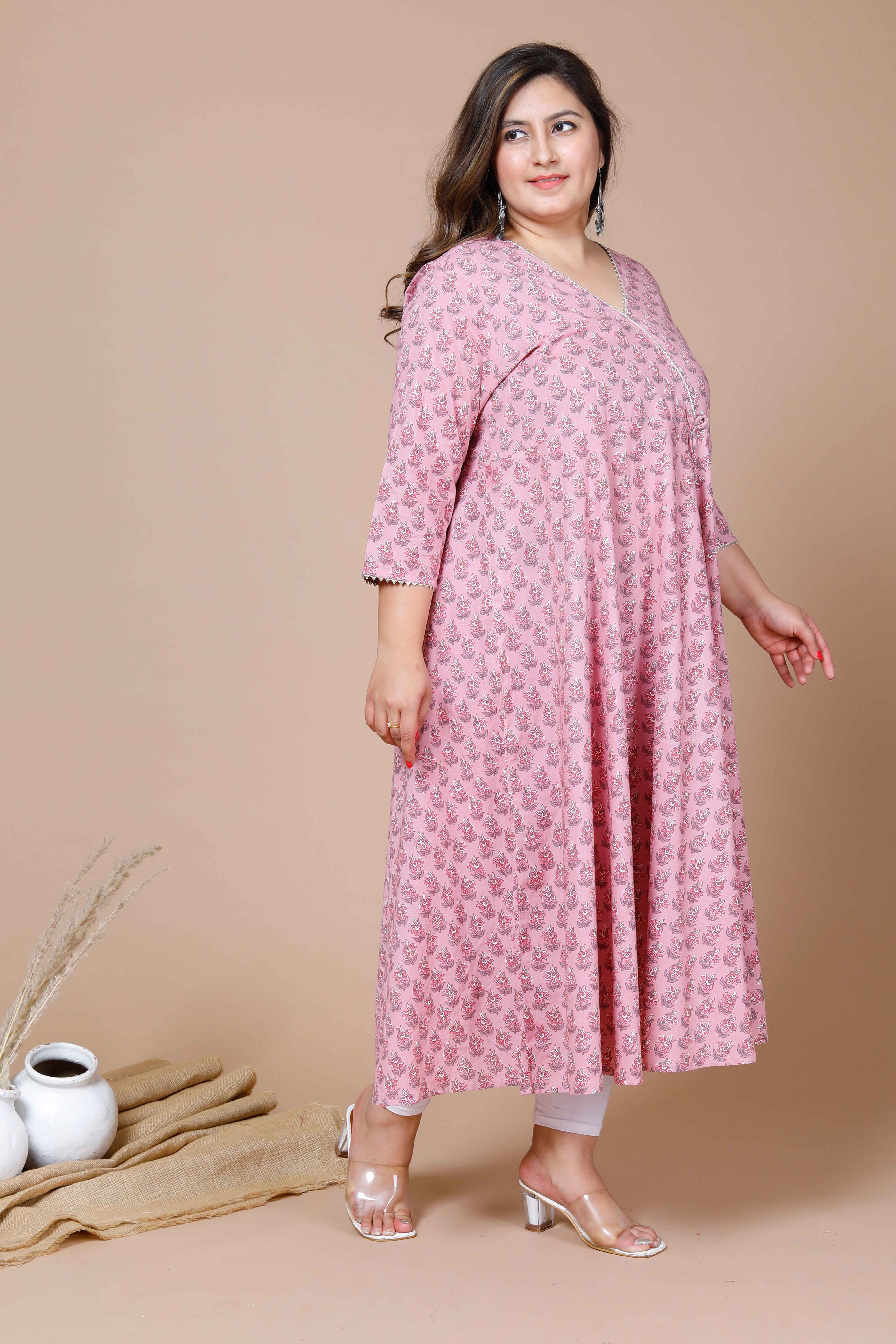 Pink Cotton Floral Printed Long Anarkali Kurta