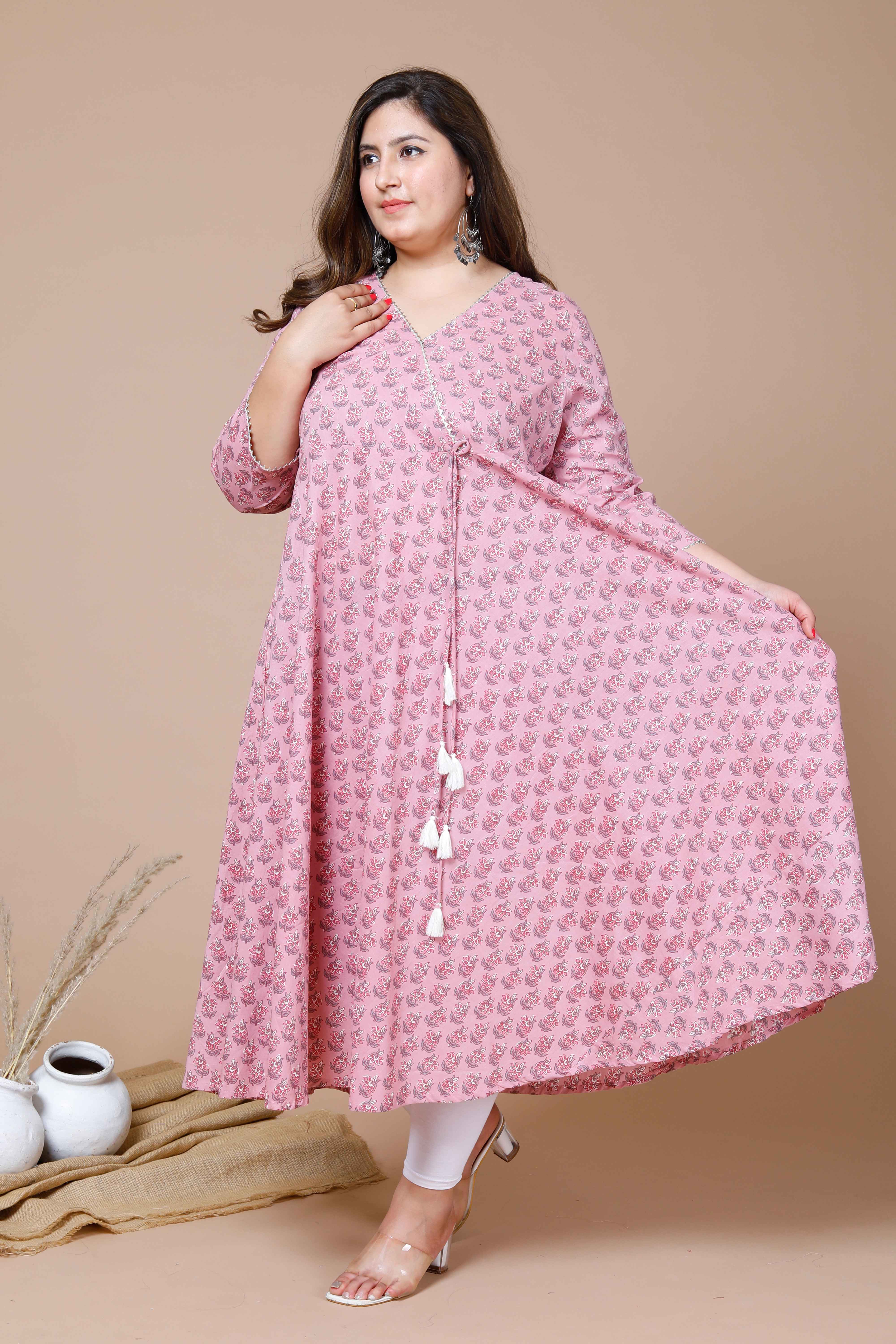 Pink Cotton Floral Printed Long Anarkali Kurta