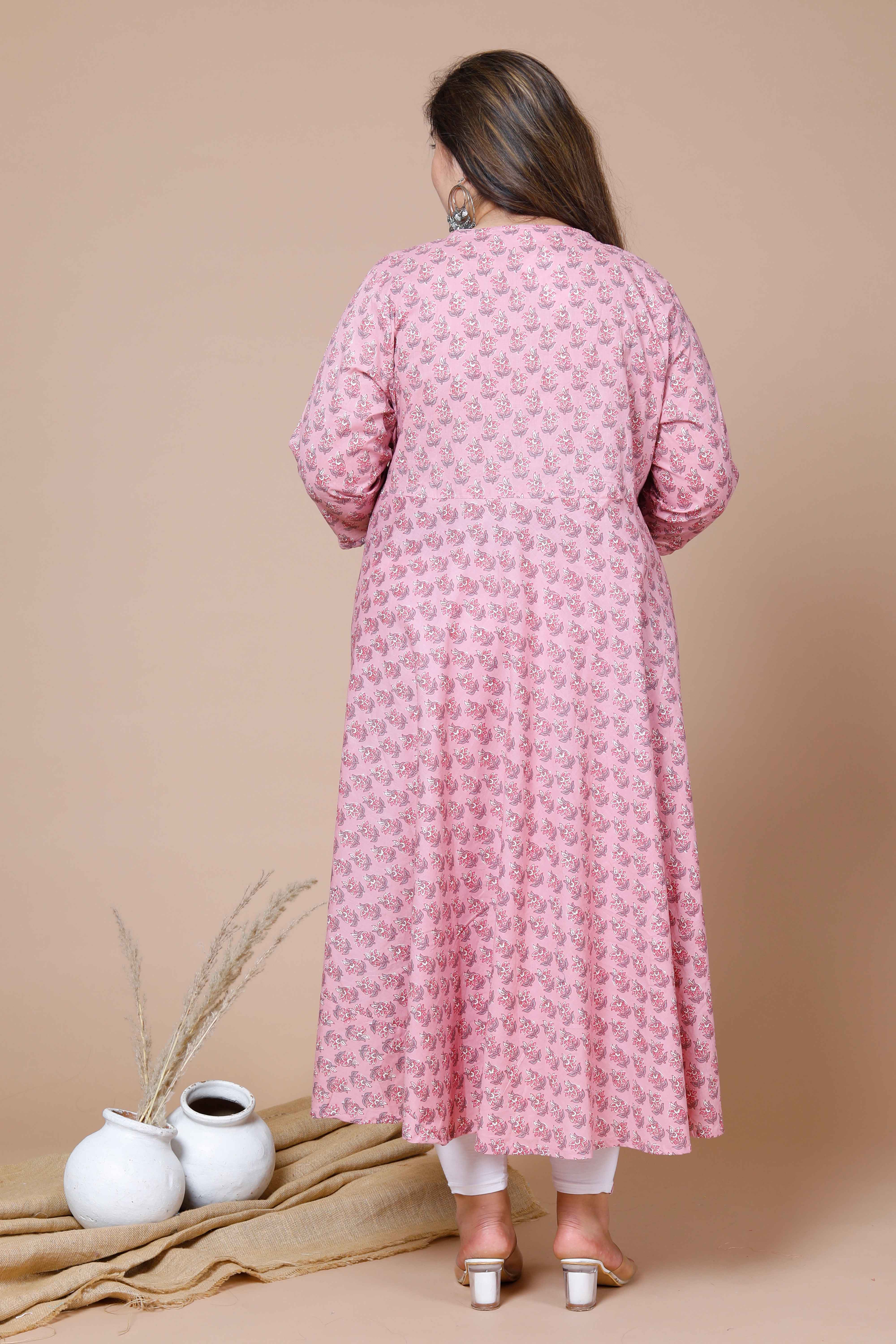 Pink Cotton Floral Printed Long Anarkali Kurta