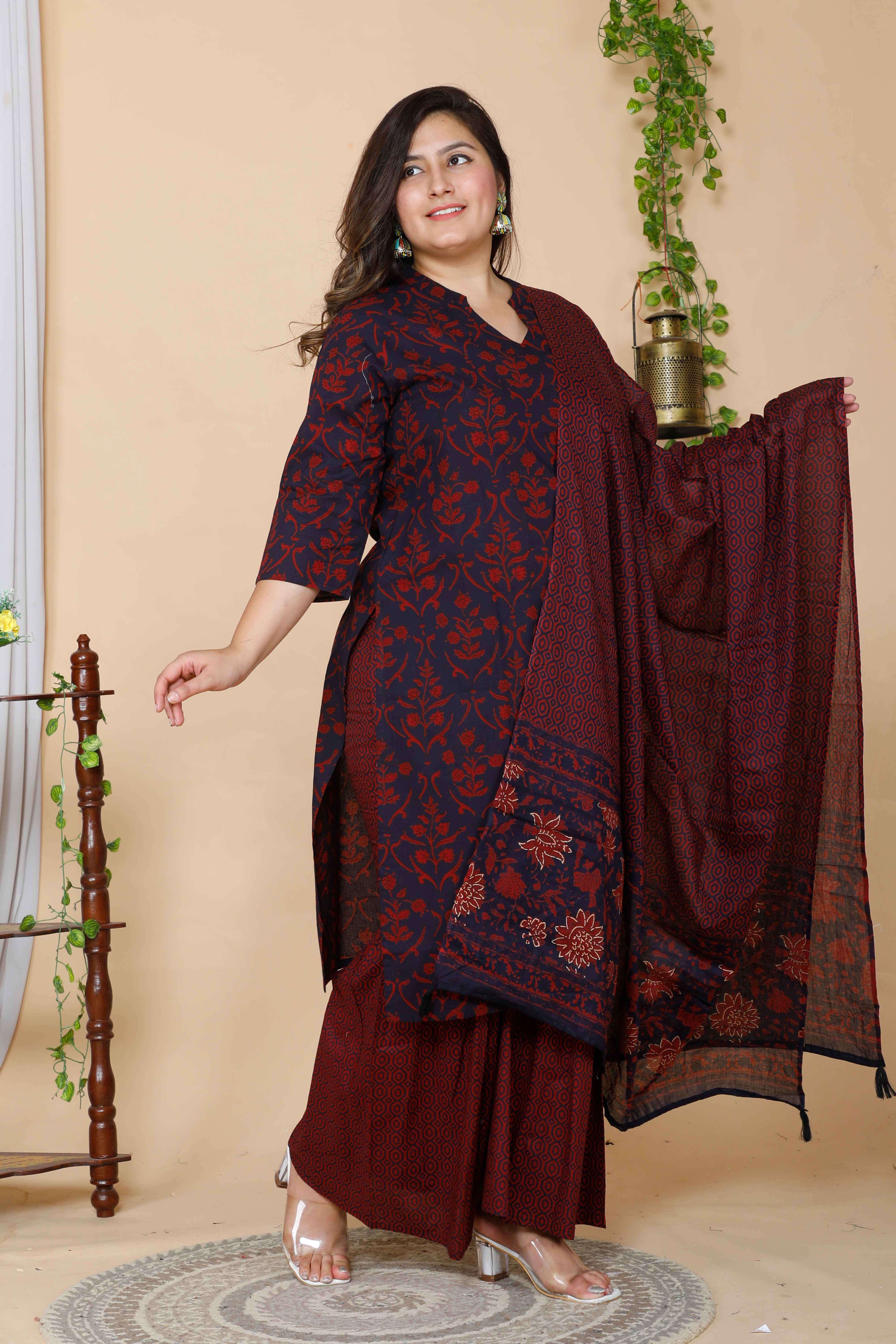Maroon Floral Printed Cotton Kurta with Sharara and Dupatta Set