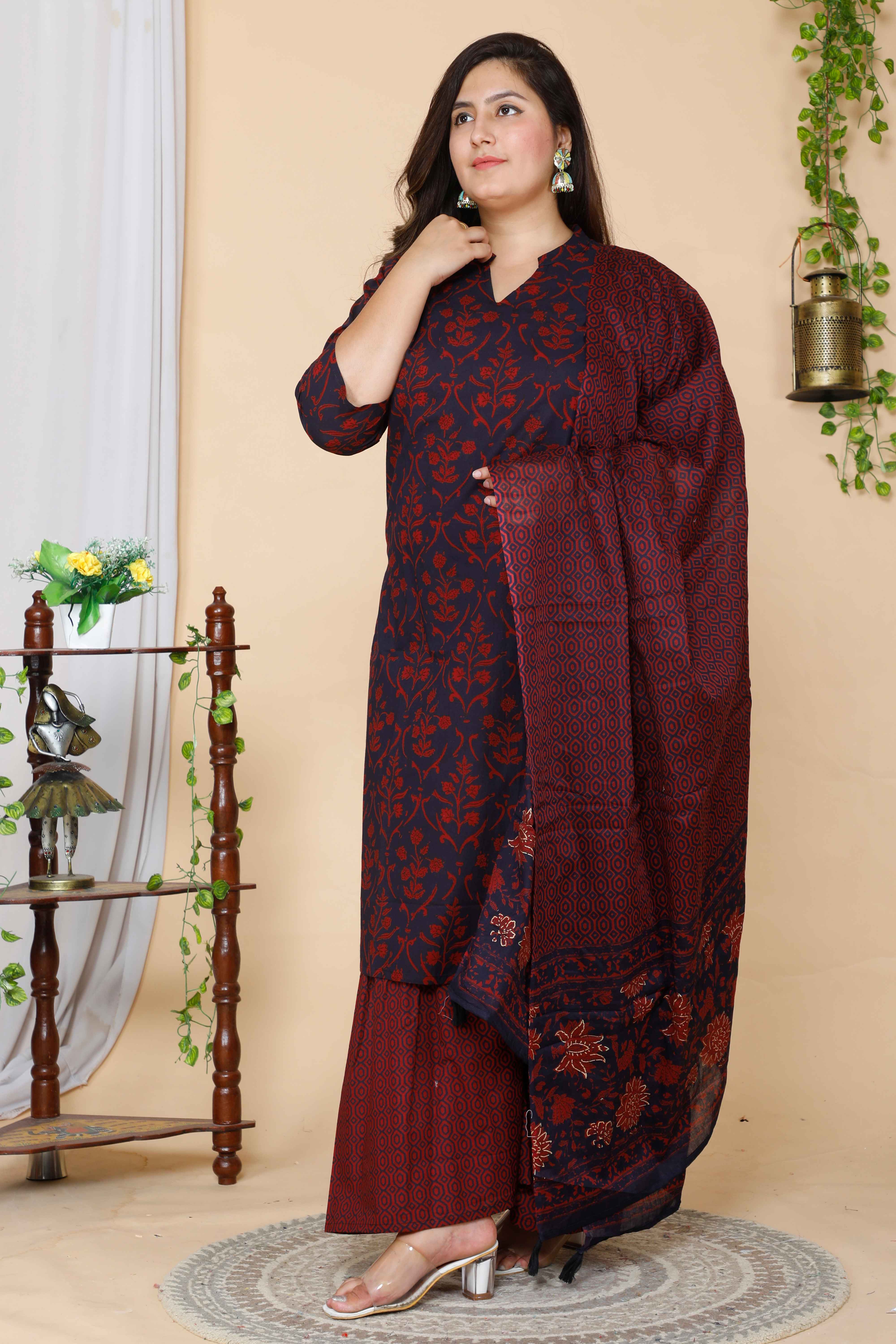 Maroon Floral Printed Cotton Kurta with Sharara and Dupatta Set