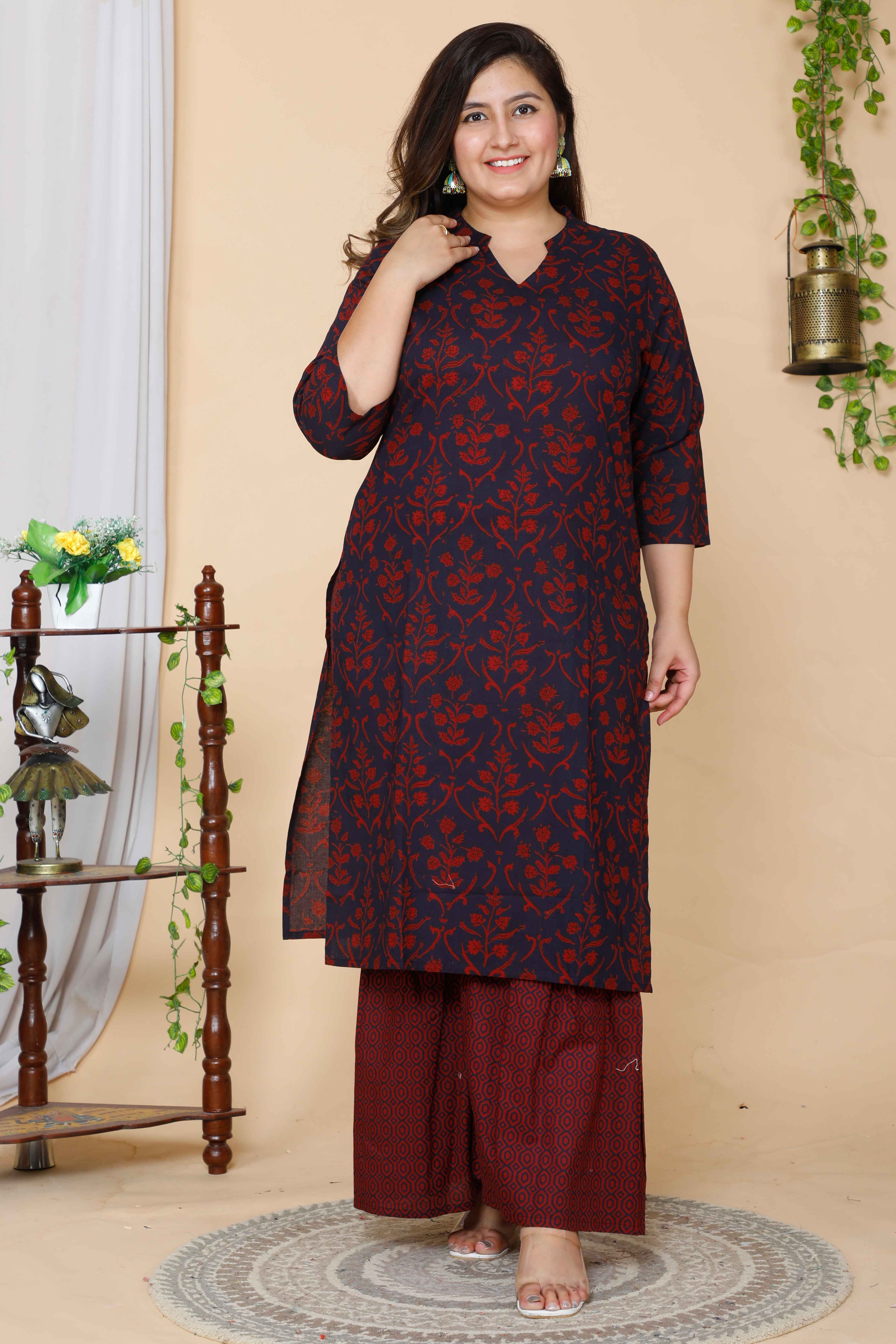 Maroon Floral Printed Cotton Kurta with Sharara and Dupatta Set