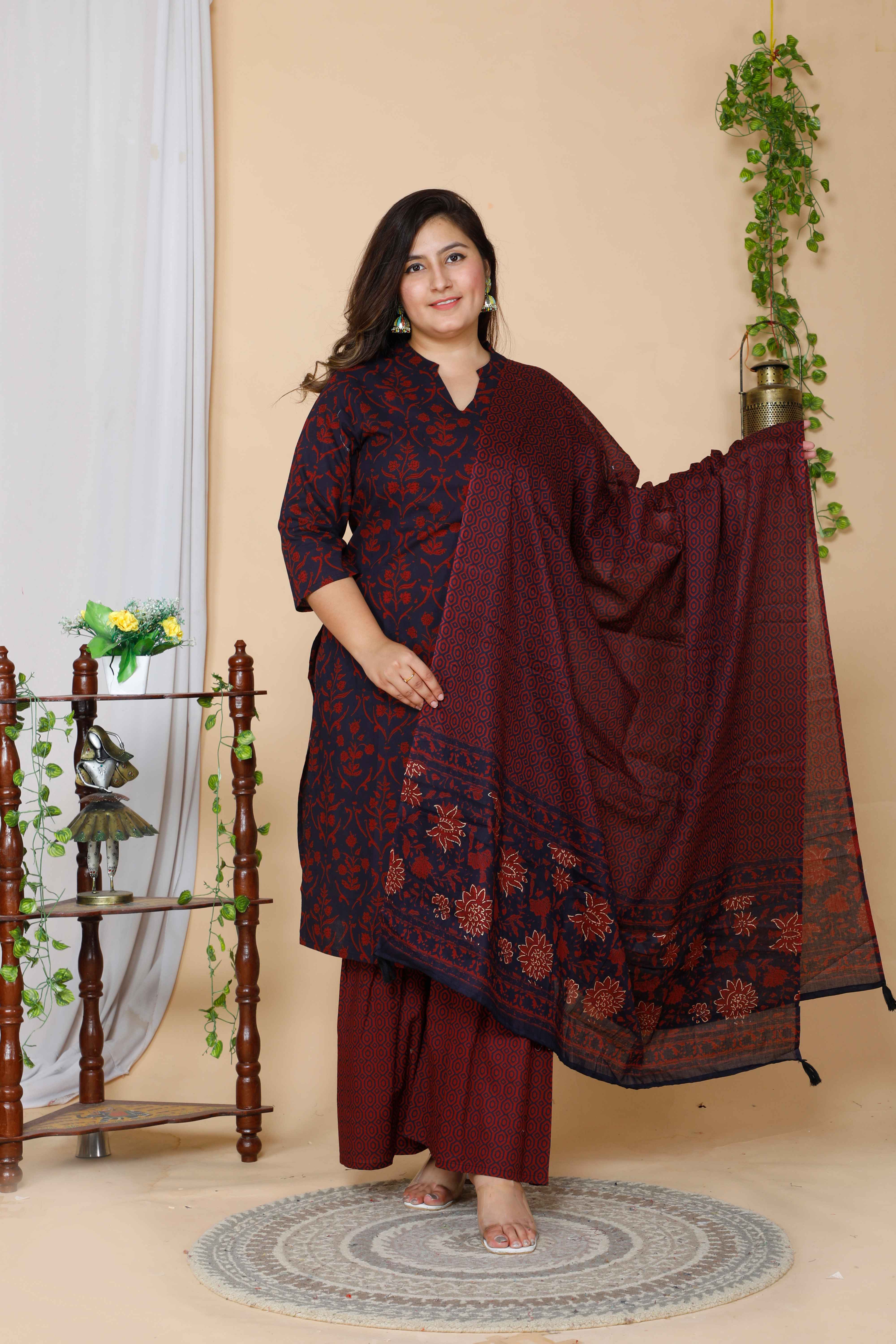 Maroon Floral Printed Cotton Kurta with Sharara and Dupatta Set