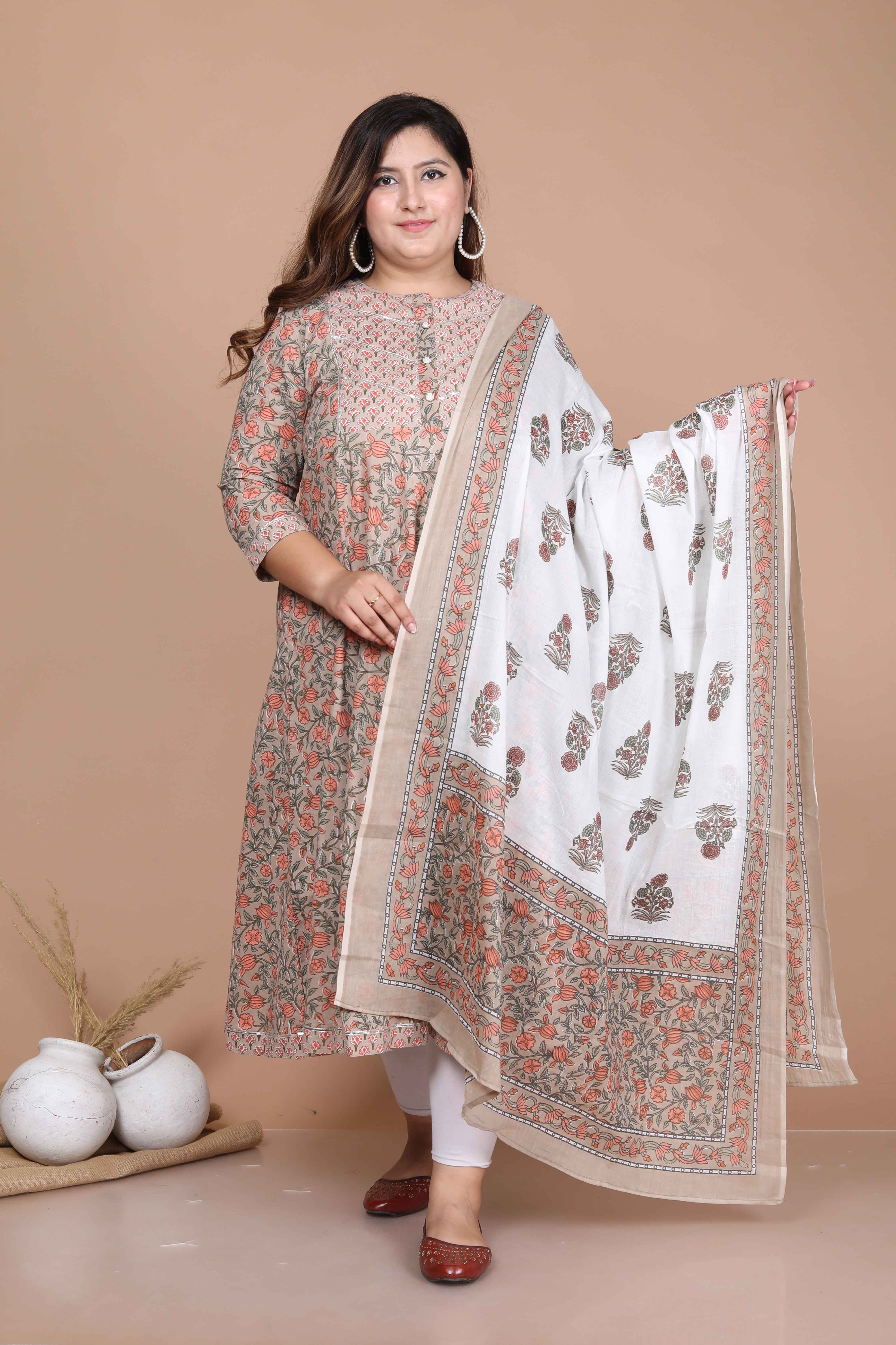 Brown Printed Cotton Anarkali Kurta with Dupatta Set