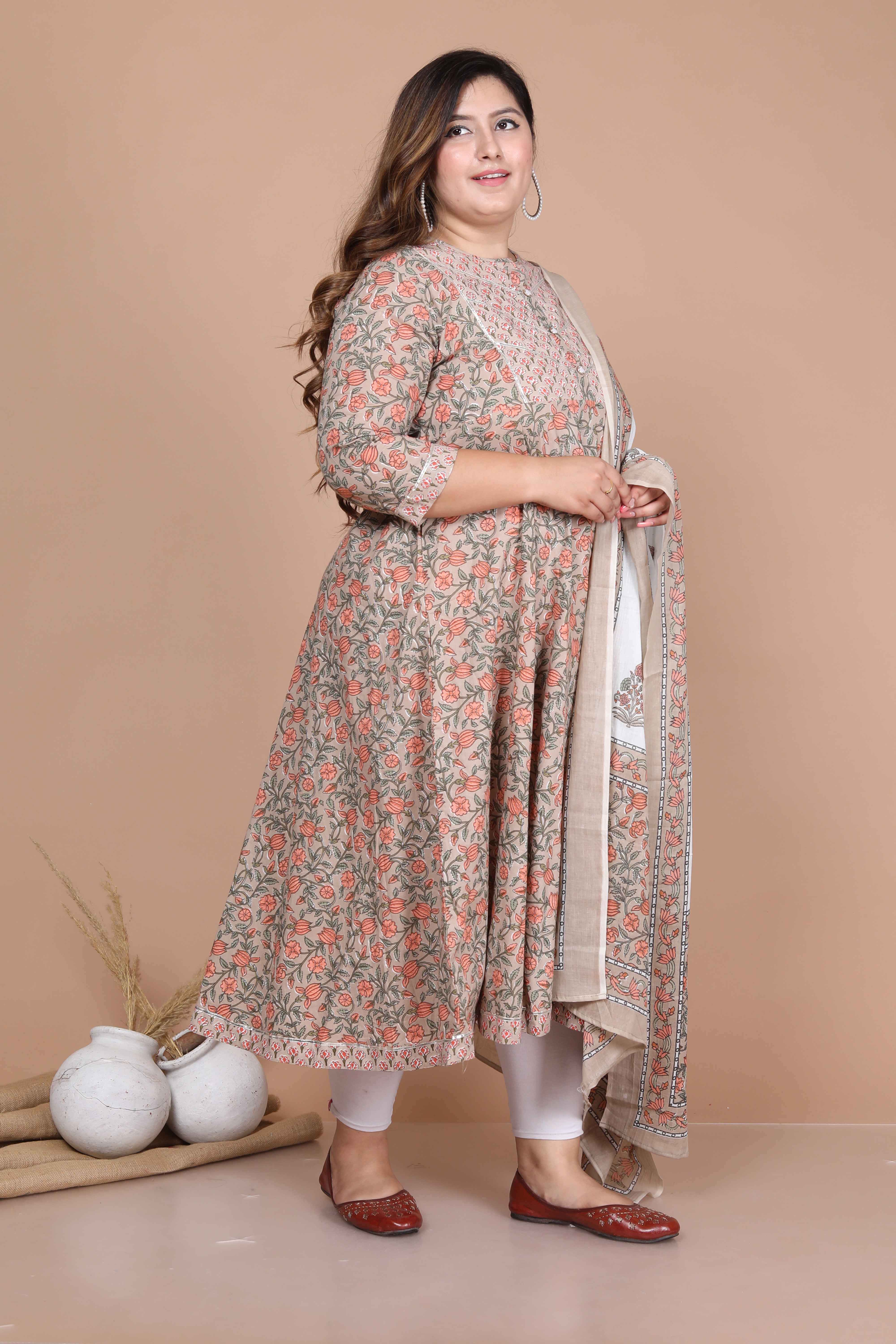 Brown Printed Cotton Anarkali Kurta with Dupatta Set