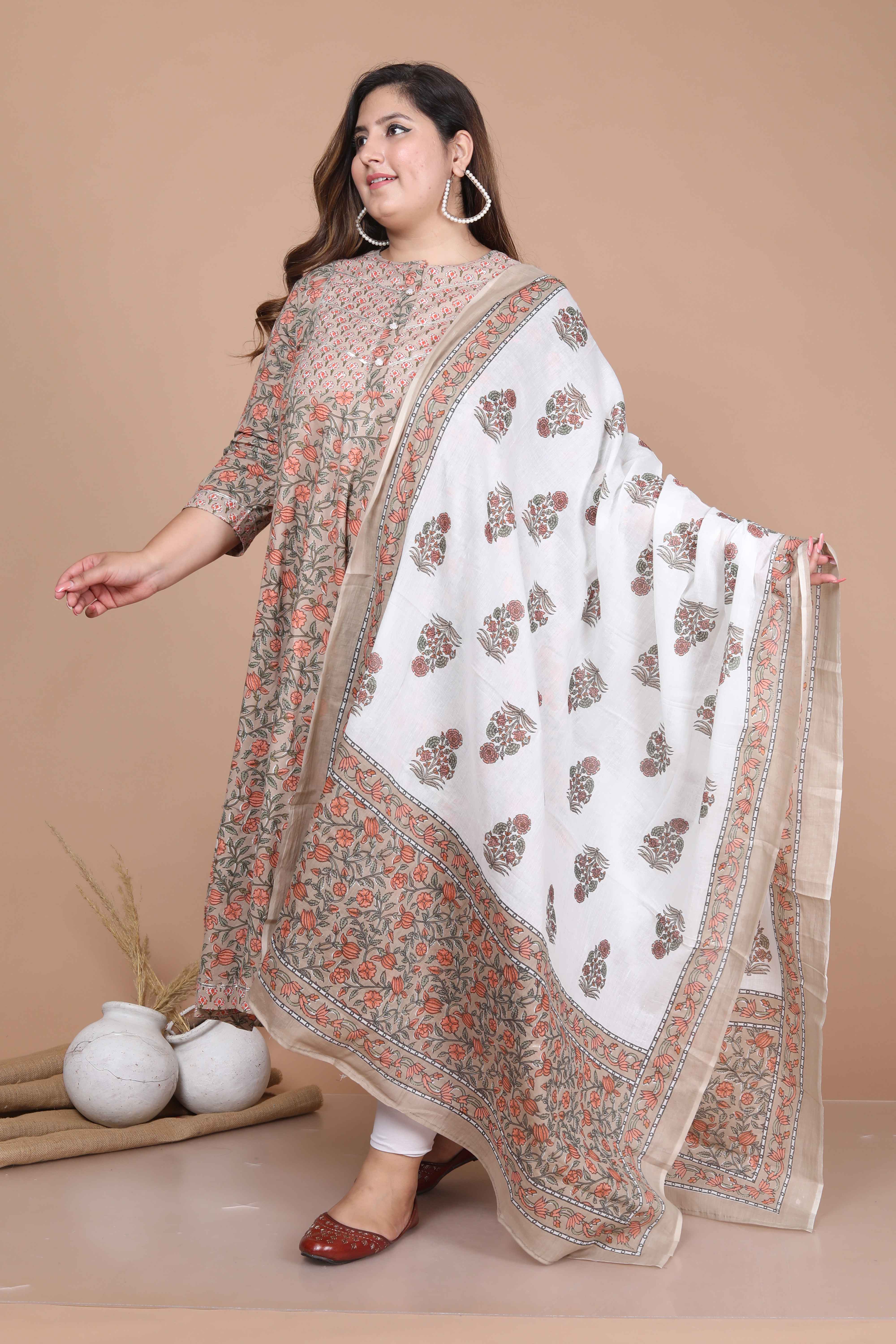 Brown Printed Cotton Anarkali Kurta with Dupatta Set