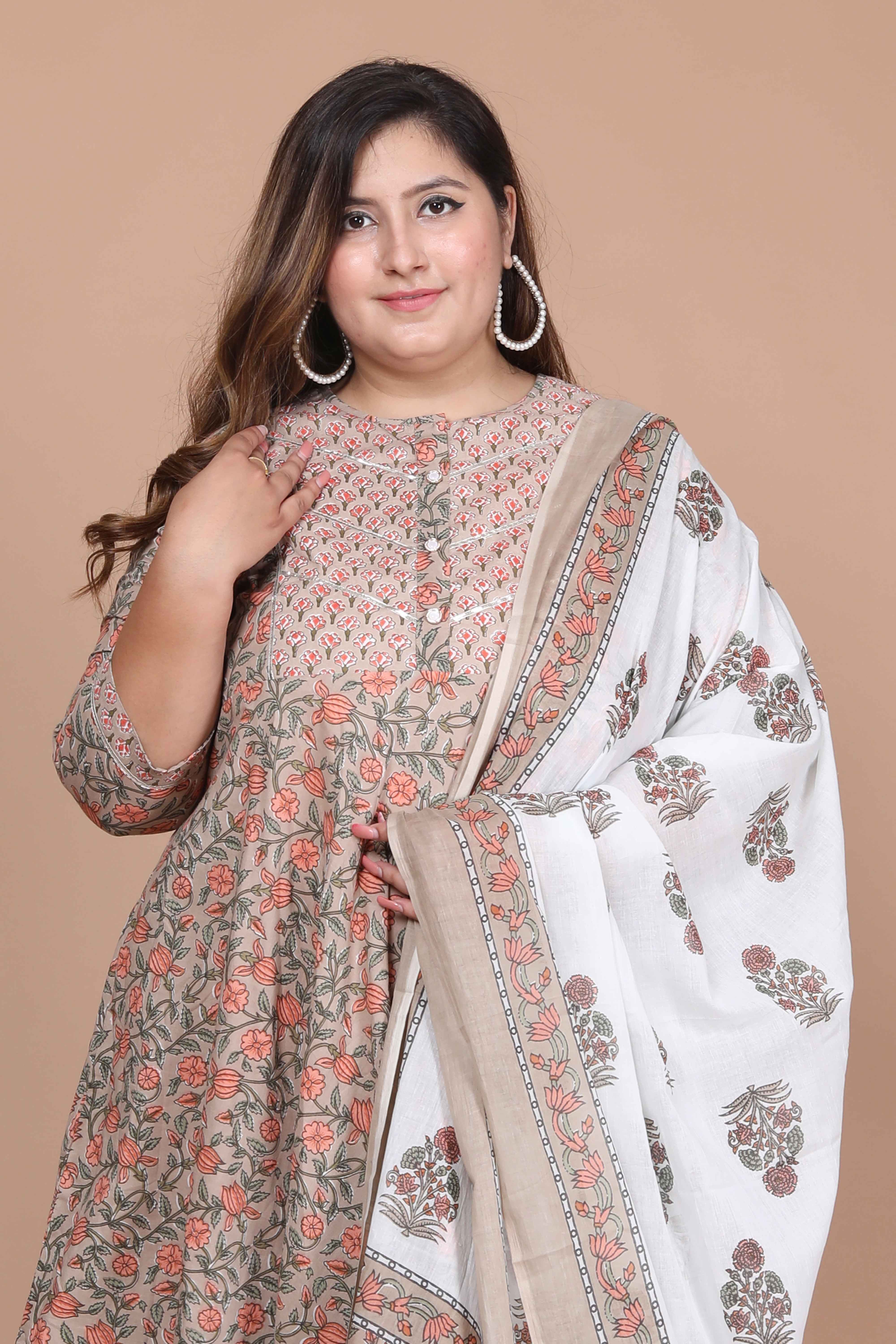Brown Printed Cotton Anarkali Kurta with Dupatta Set