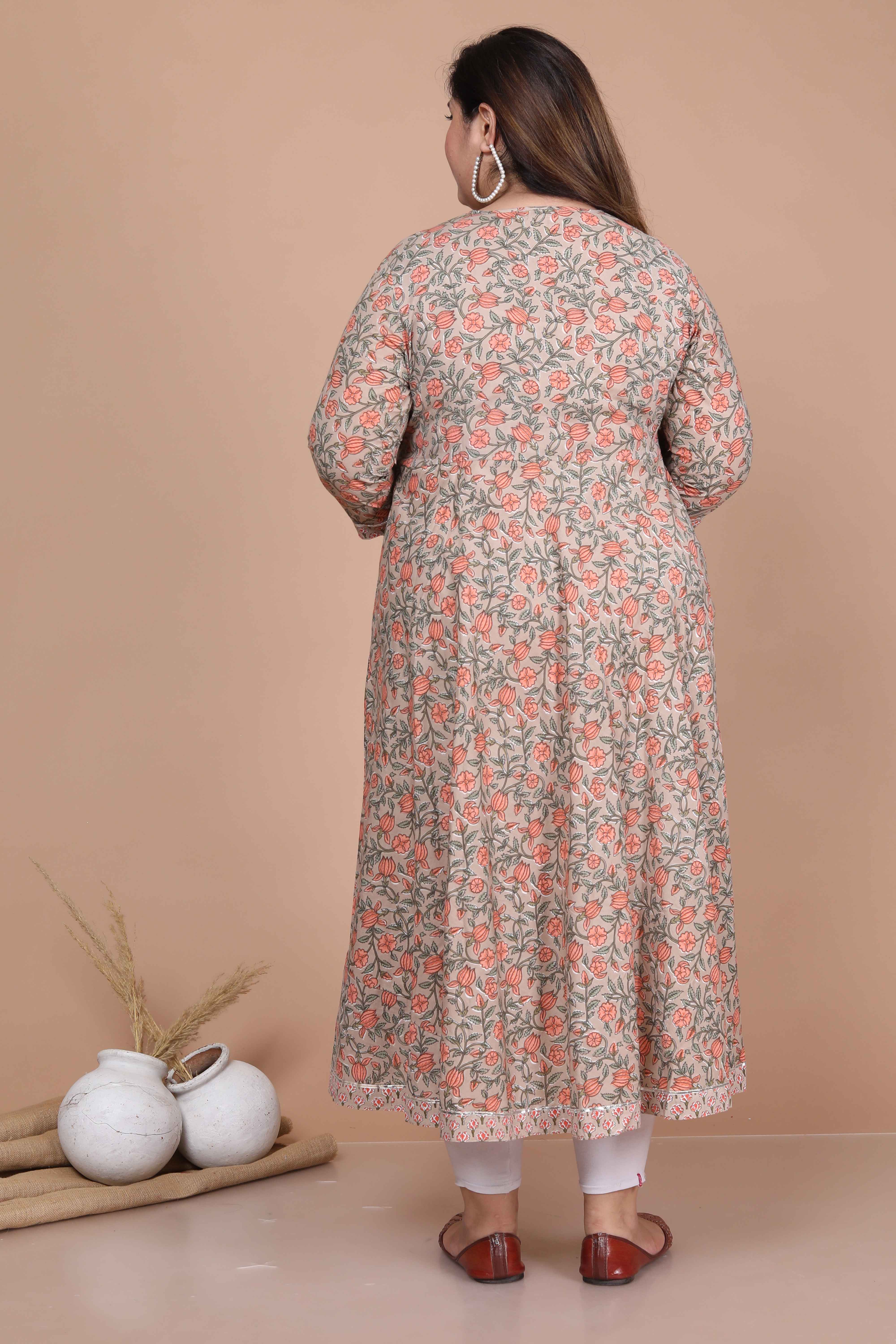 Brown Printed Cotton Anarkali Kurta with Dupatta Set