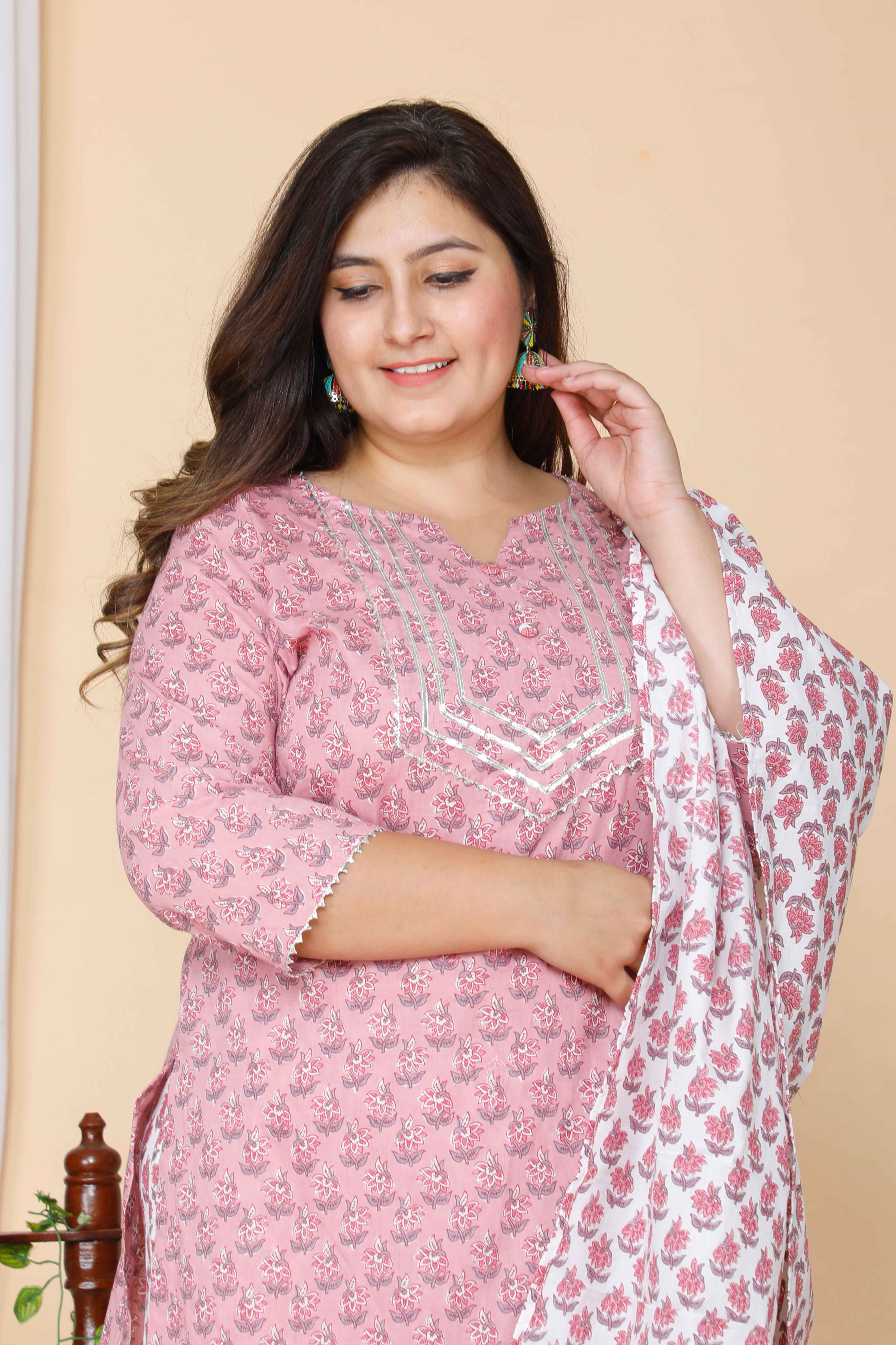 Pink Floral Printed Kurta with Palazzo and Gota Lace Detail Dupatta Set