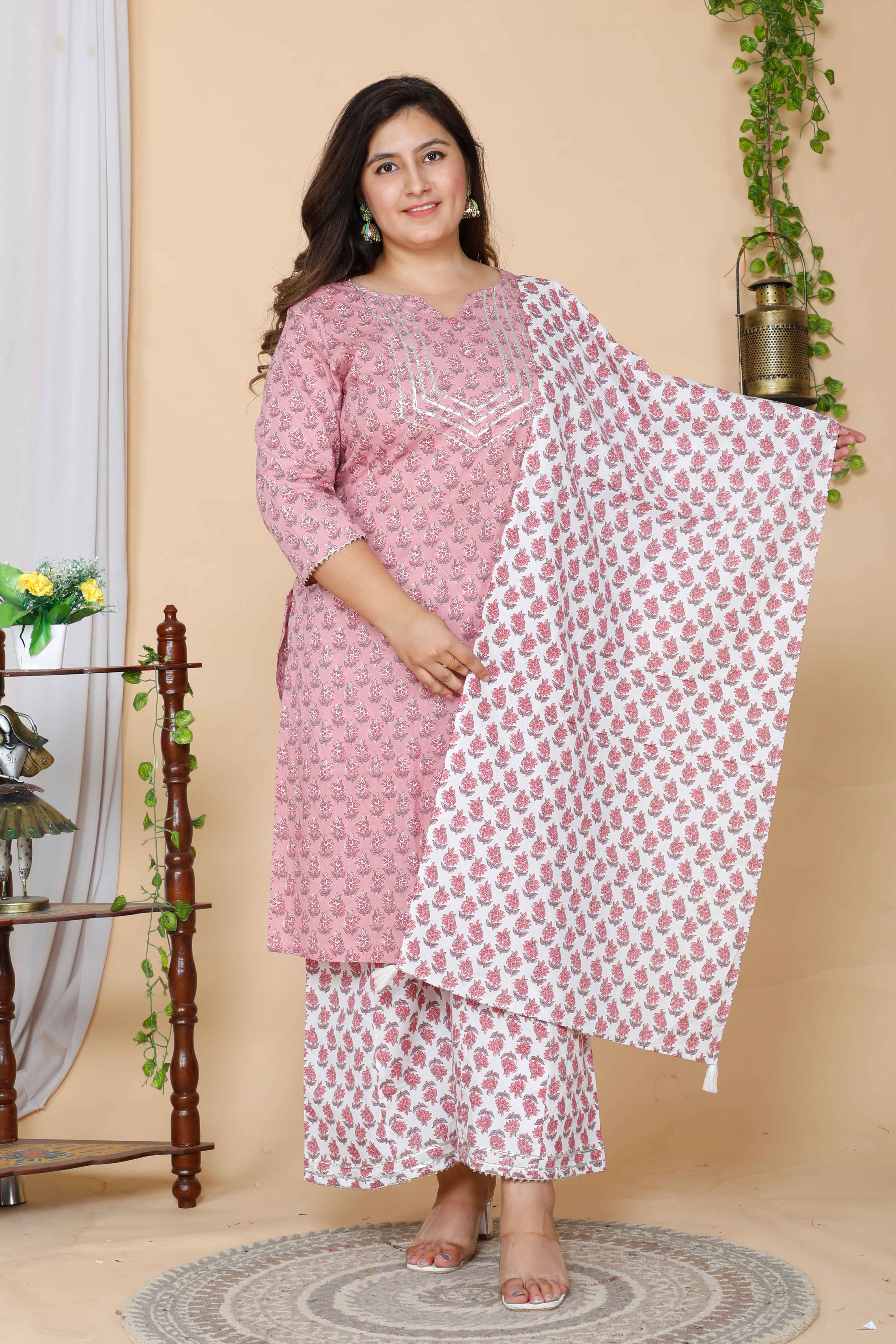 Pink Floral Printed Kurta with Palazzo and Gota Lace Detail Dupatta Set