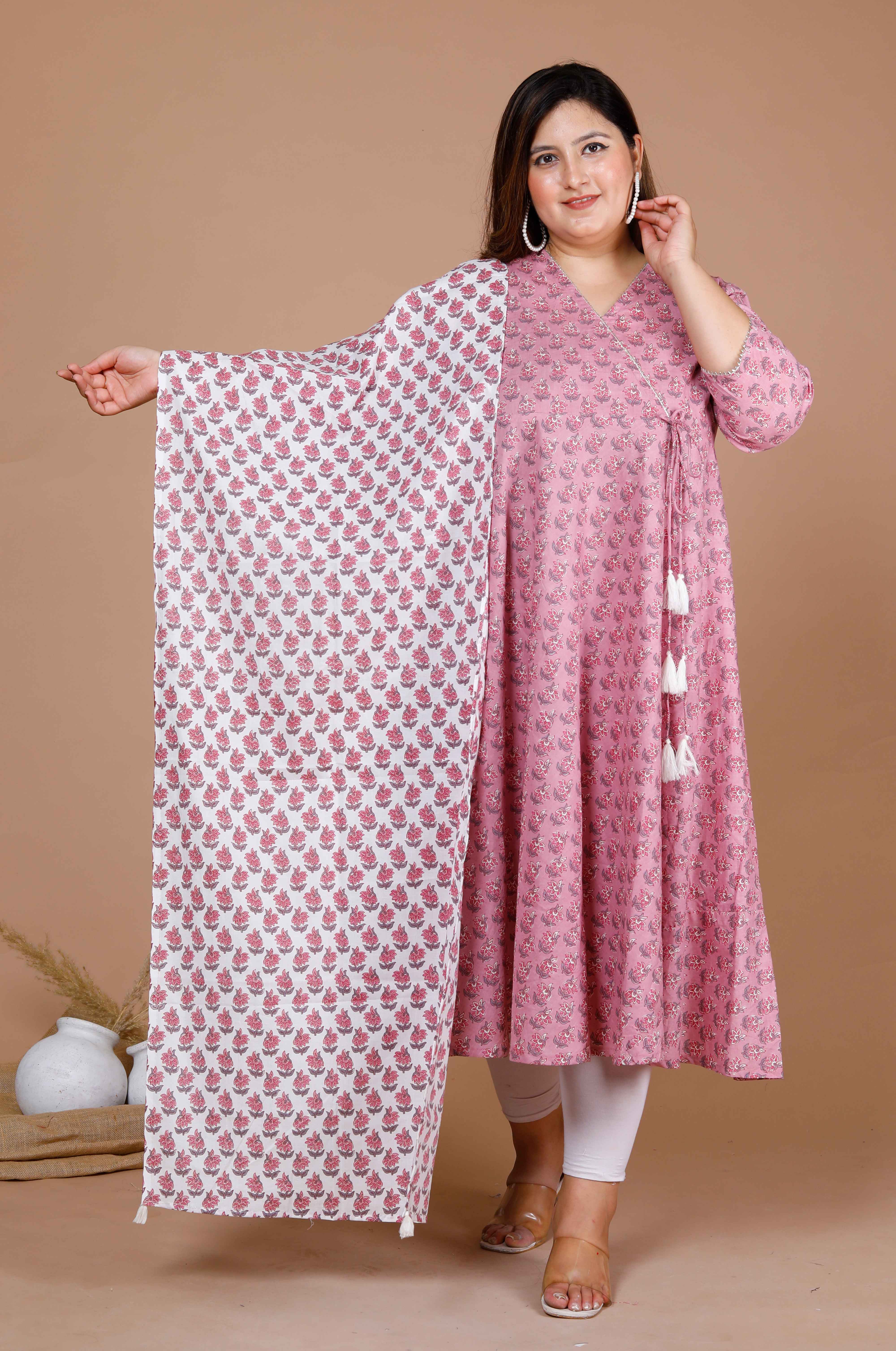 Pink Floral Printed Cotton Anarkali Kurta with Dupatta Set